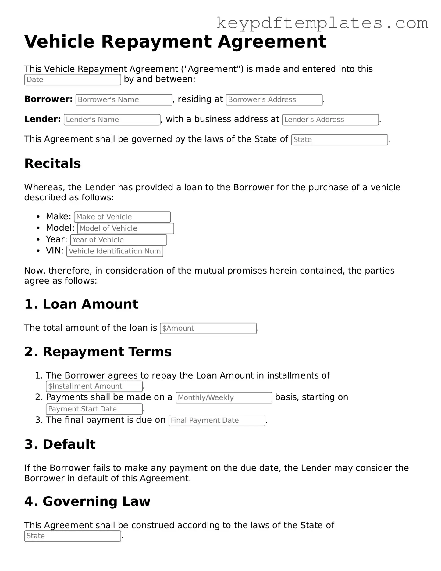 Printable Vehicle Repayment Agreement Template