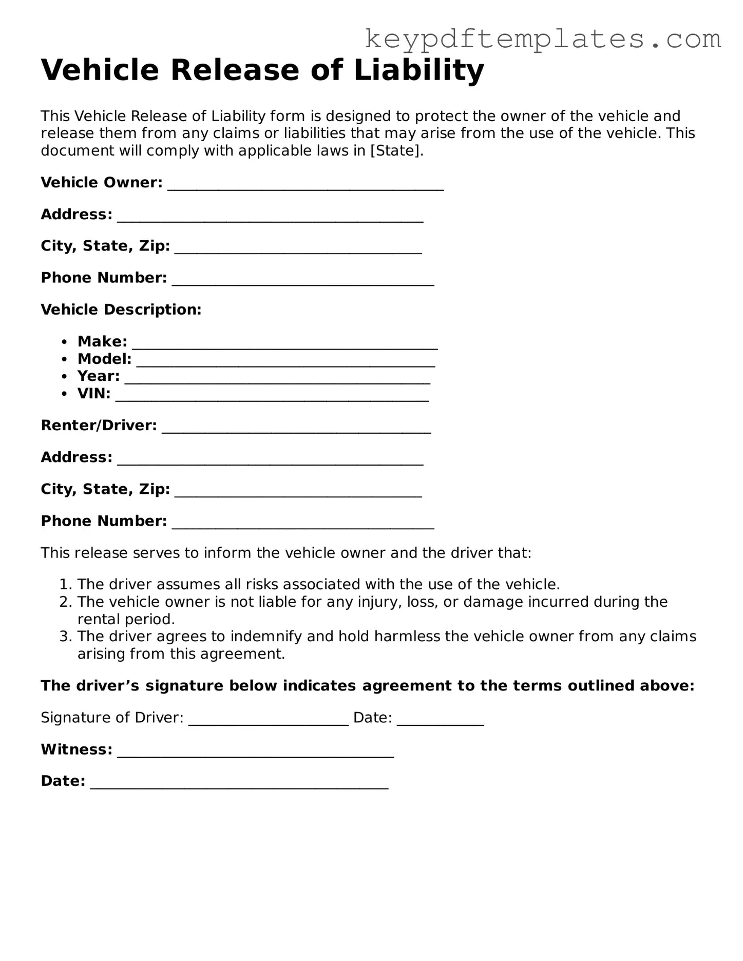 Printable Vehicle Release of Liability Template