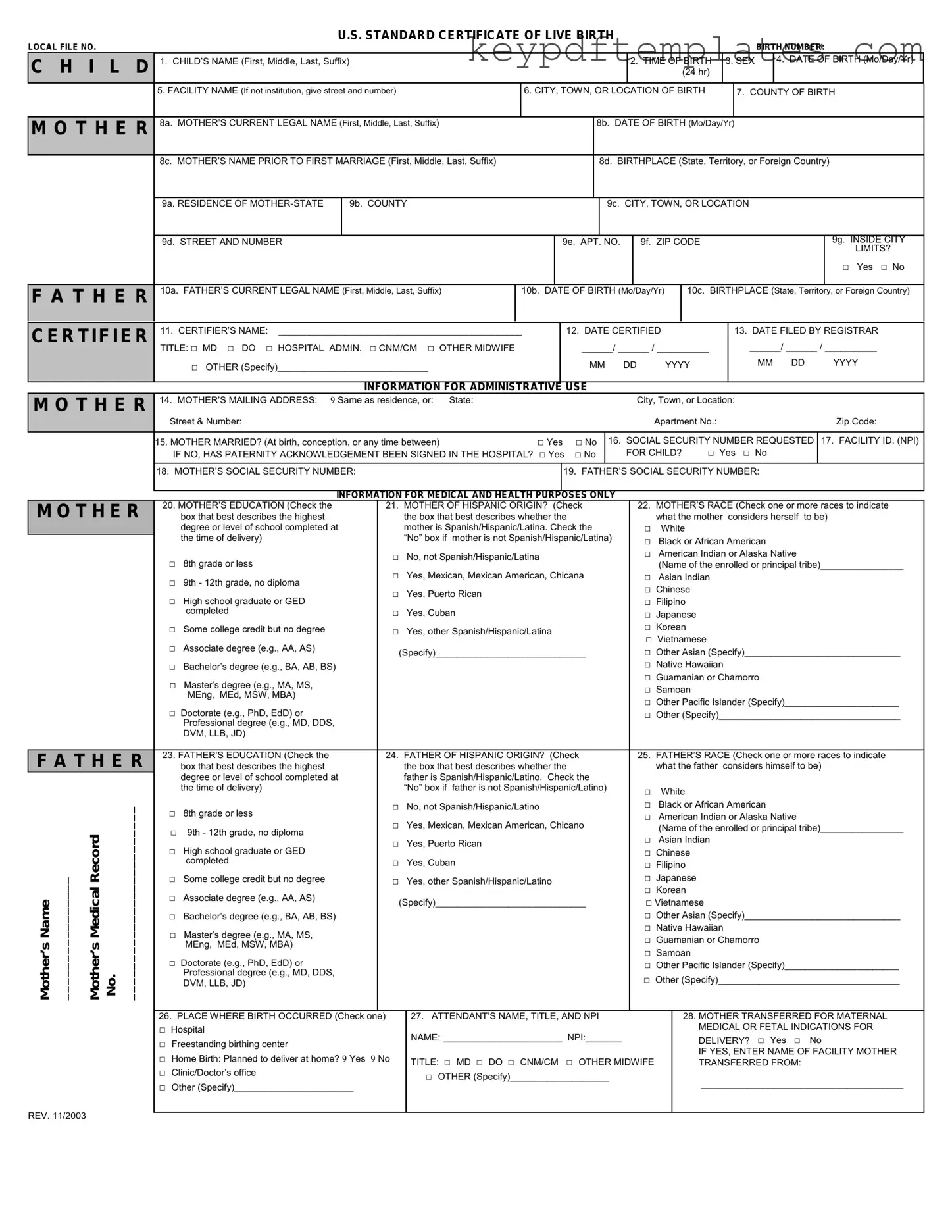 Get CDC U.S. Standard Certificate of Live Birth Form