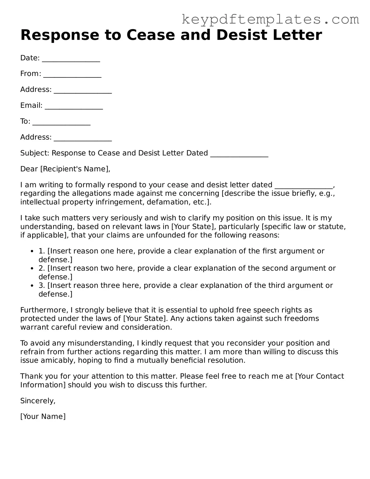 Printable Response to a Cease and Desist Letter Template
