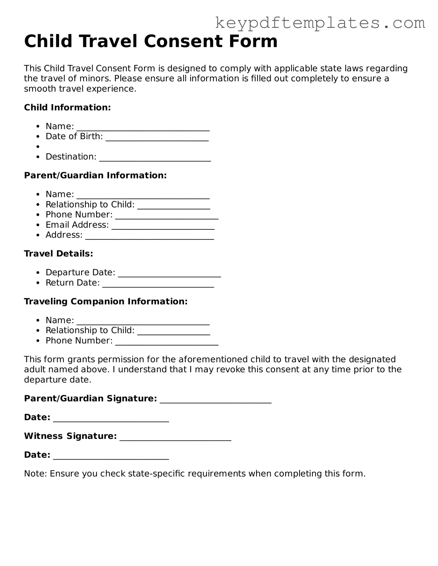 Printable Child Travel Consent Form Template