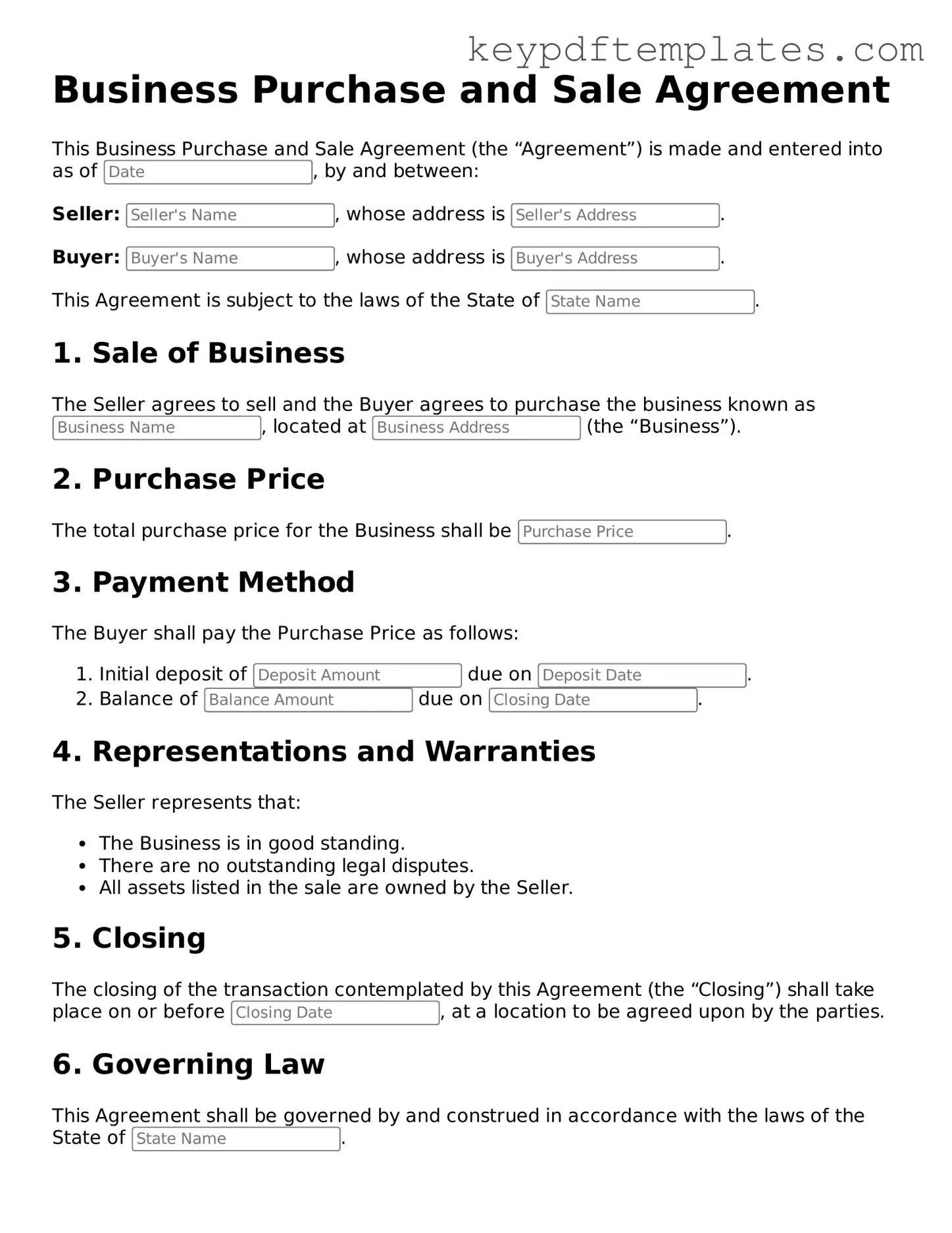 Printable Business Purchase and Sale Agreement Template