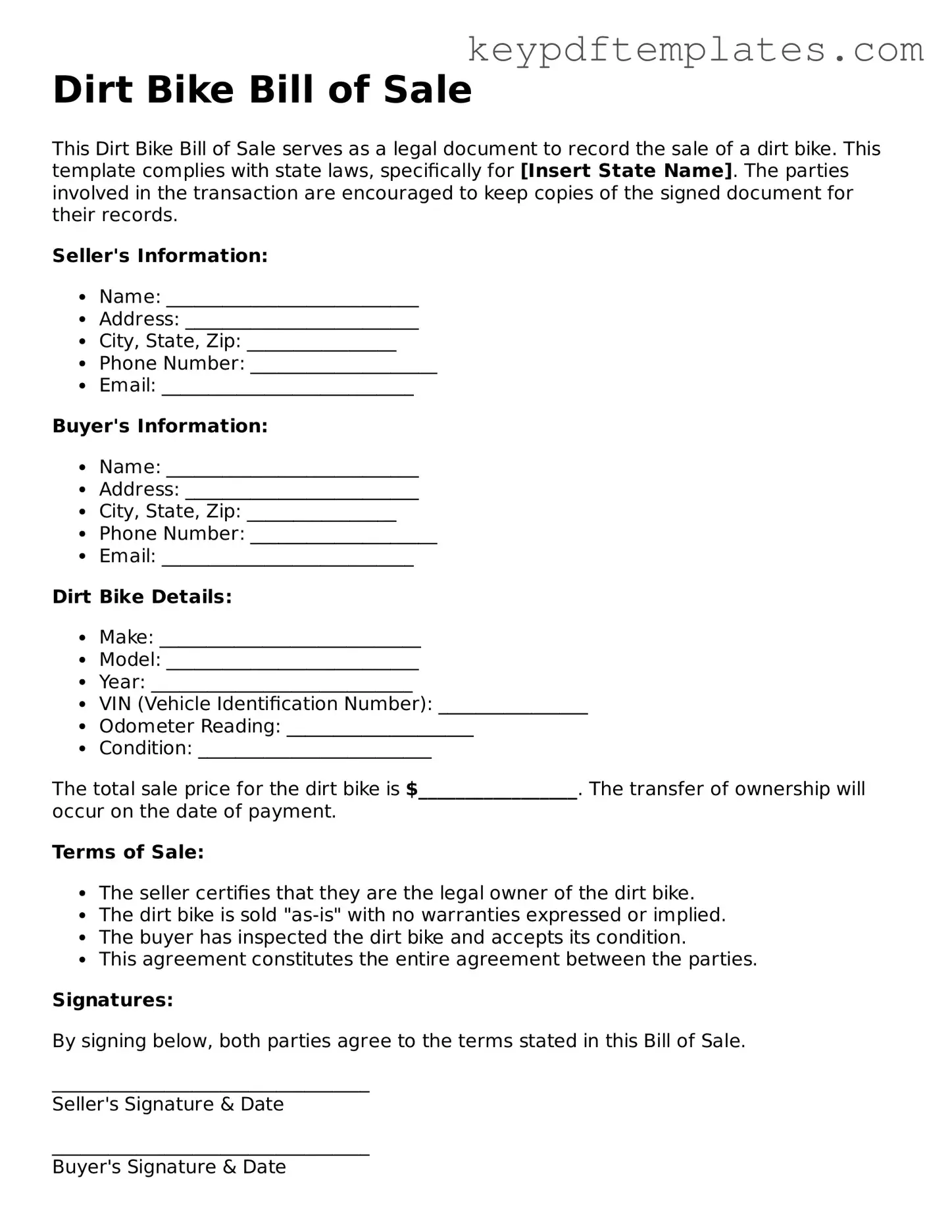 Printable Dirt Bike Bill of Sale Template