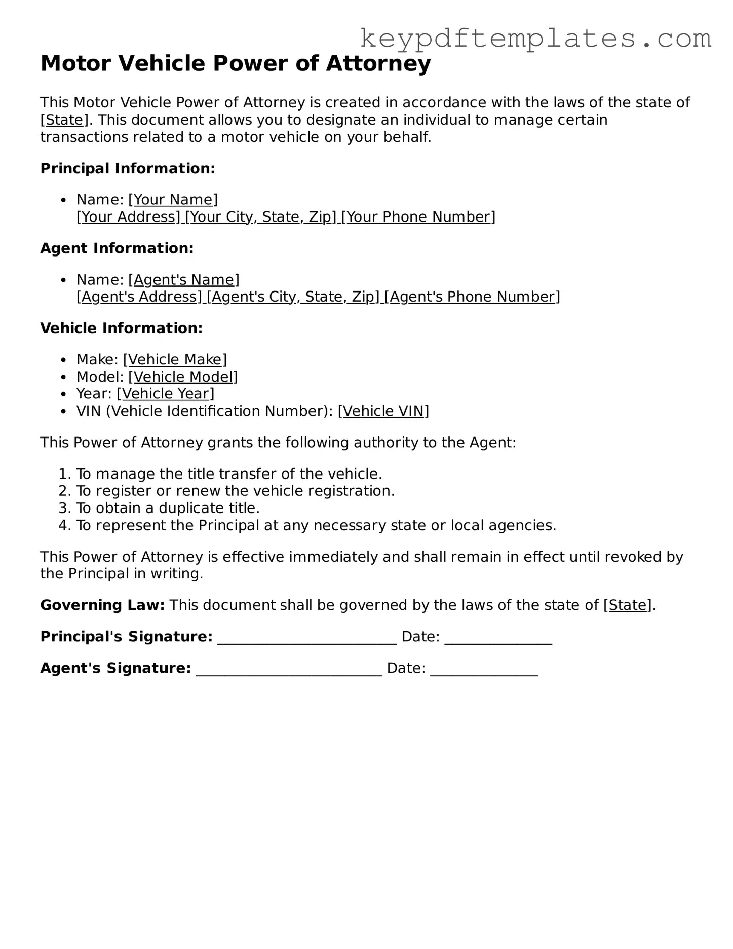 Printable Motor Vehicle Power of Attorney Template