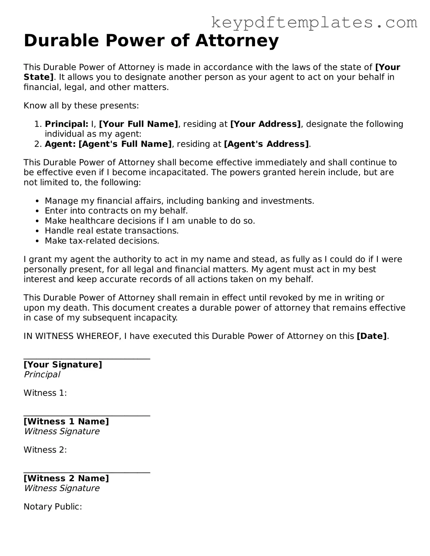 Printable Durable Power of Attorney Template