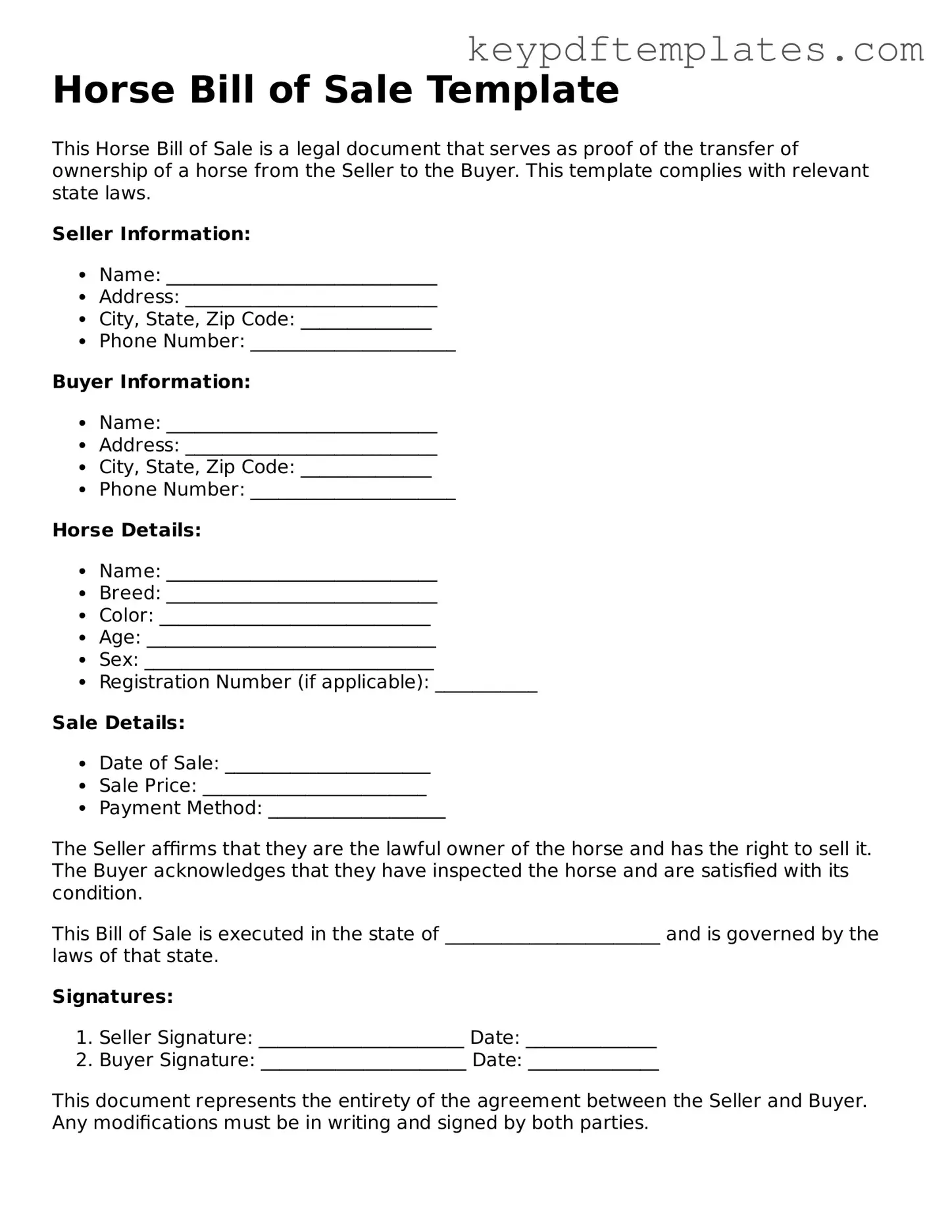 Printable Horse Bill of Sale Template
