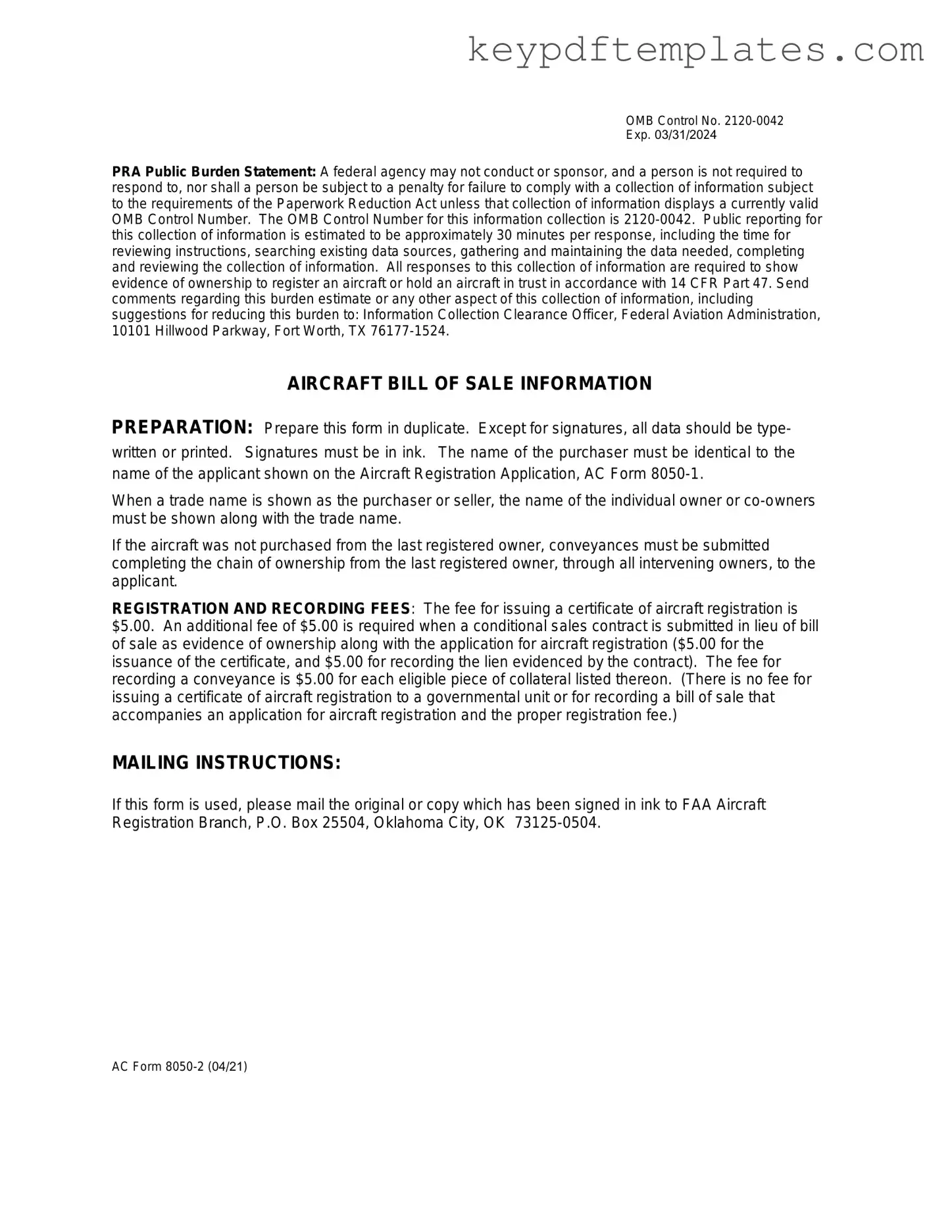 Get Aircraft Bill of Sale AC 8050-2 Form