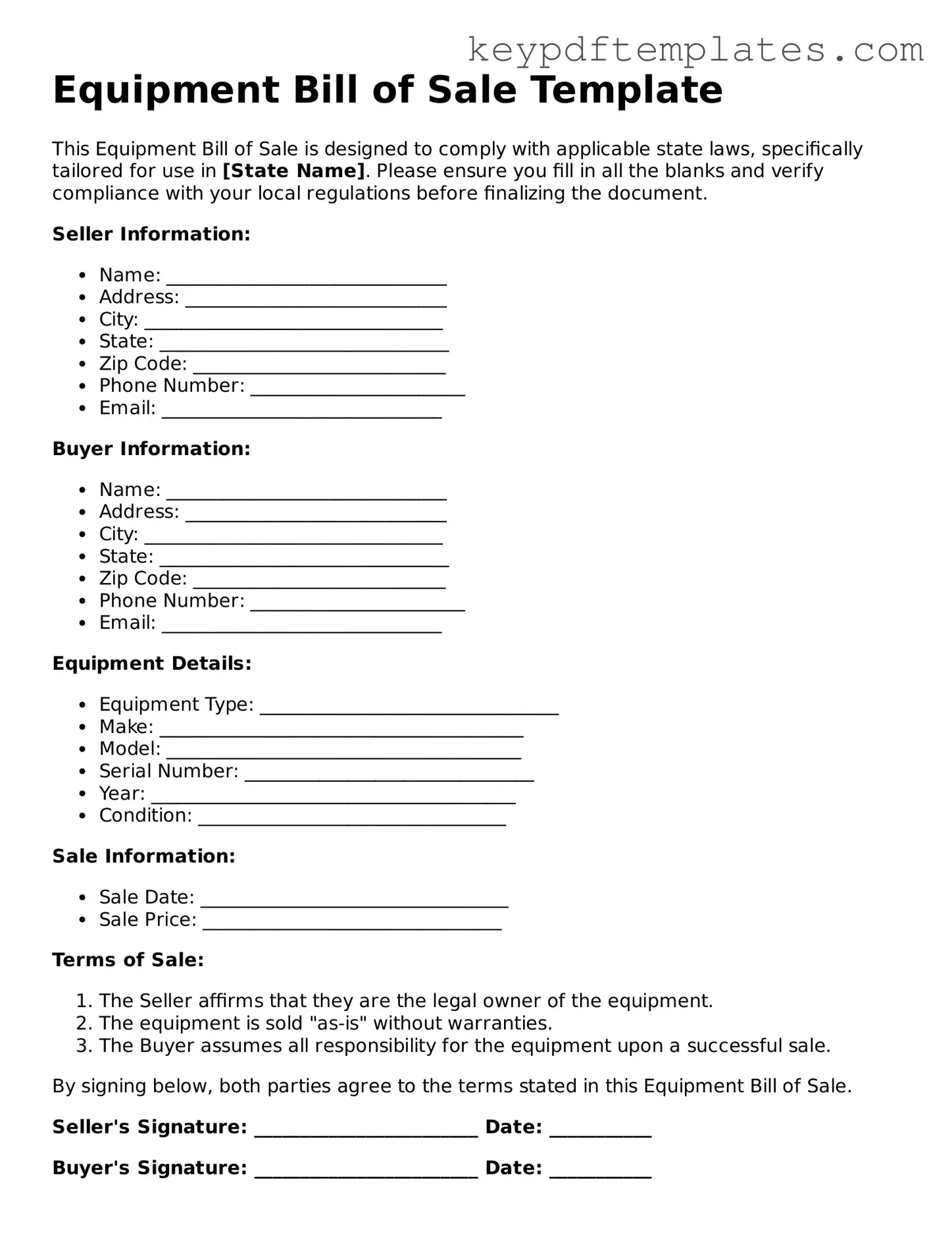 Printable Equipment Bill of Sale Template