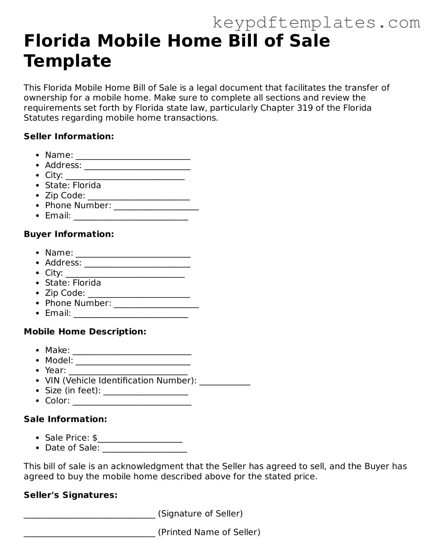 Legal Mobile Home Bill of Sale Document for the State of Florida