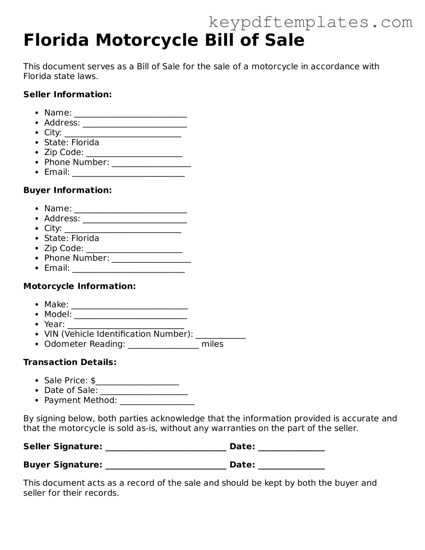 Legal Motorcycle Bill of Sale Document for the State of Florida