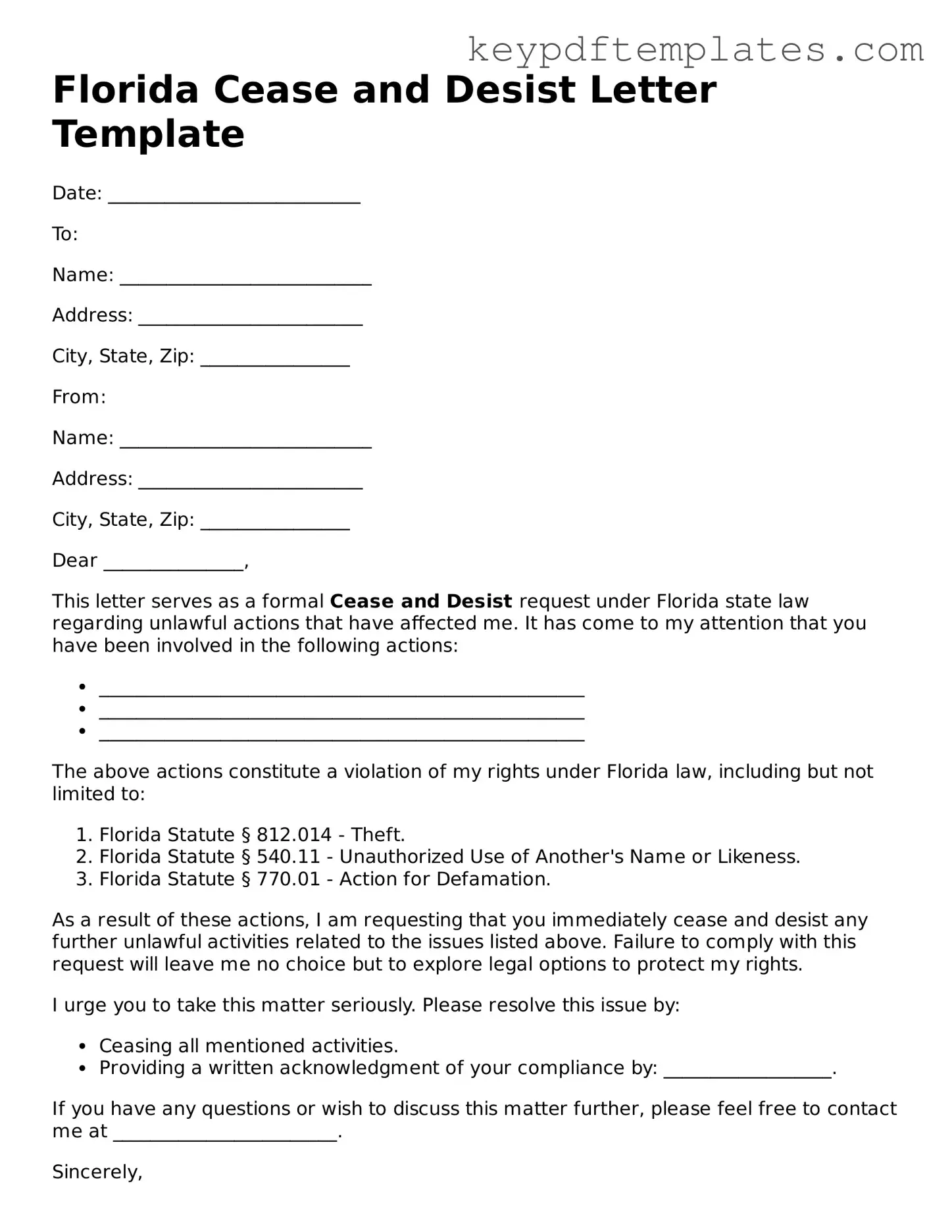 Legal Cease and Desist Letter Document for the State of Florida