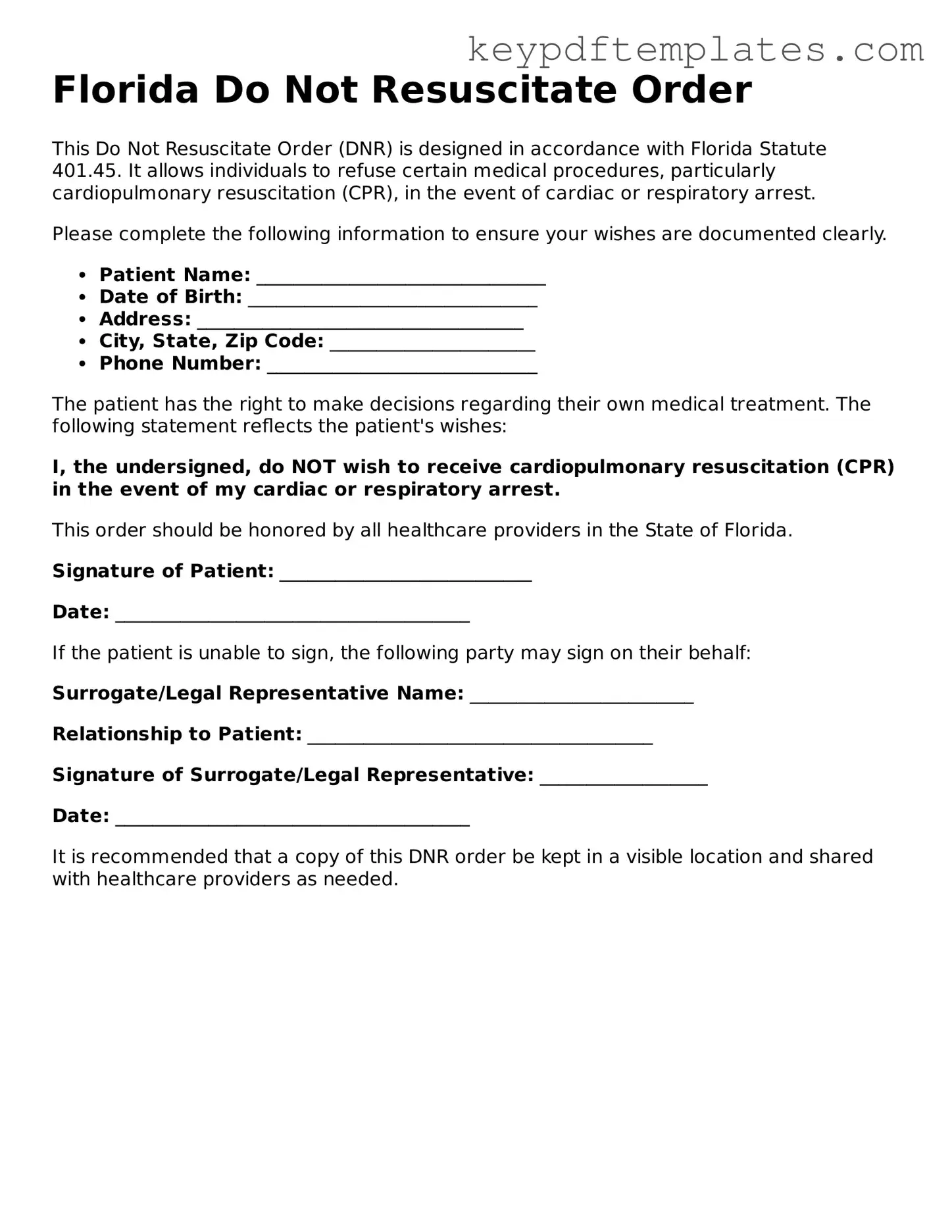 Legal Do Not Resuscitate Order Document for the State of Florida