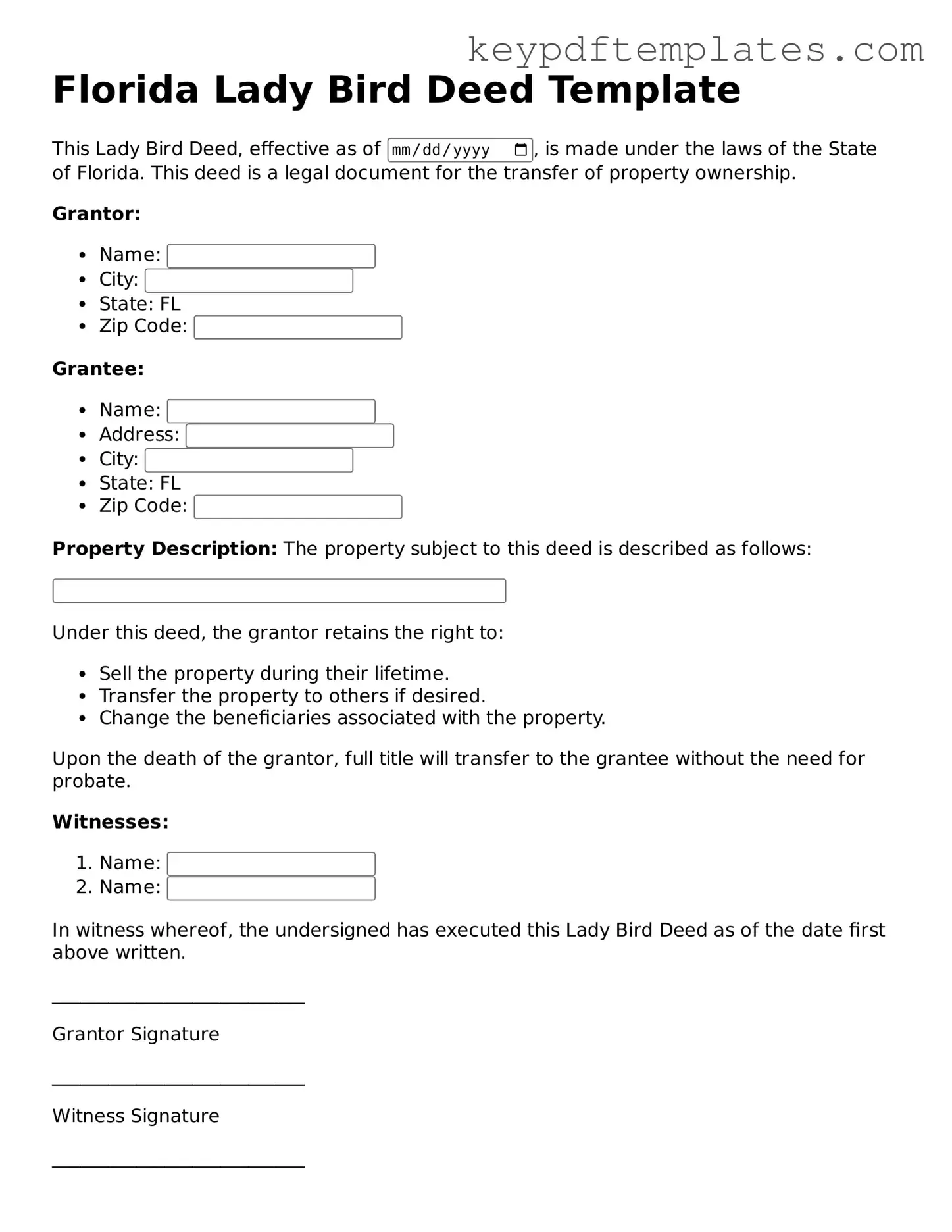 Legal Lady Bird Deed Document for the State of Florida