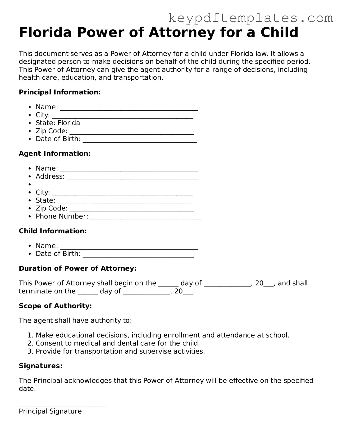 Legal Power of Attorney for a Child Document for the State of Florida