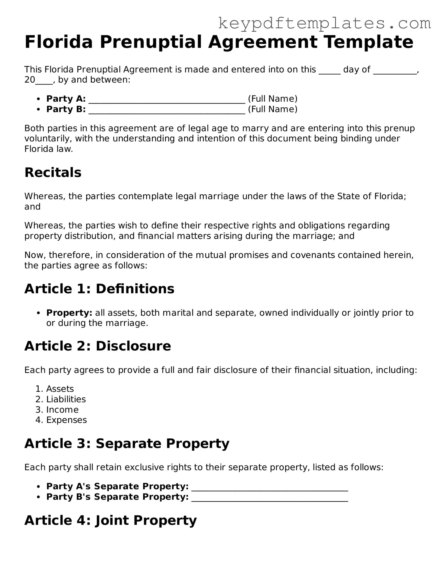 Legal Prenuptial Agreement Document for the State of Florida