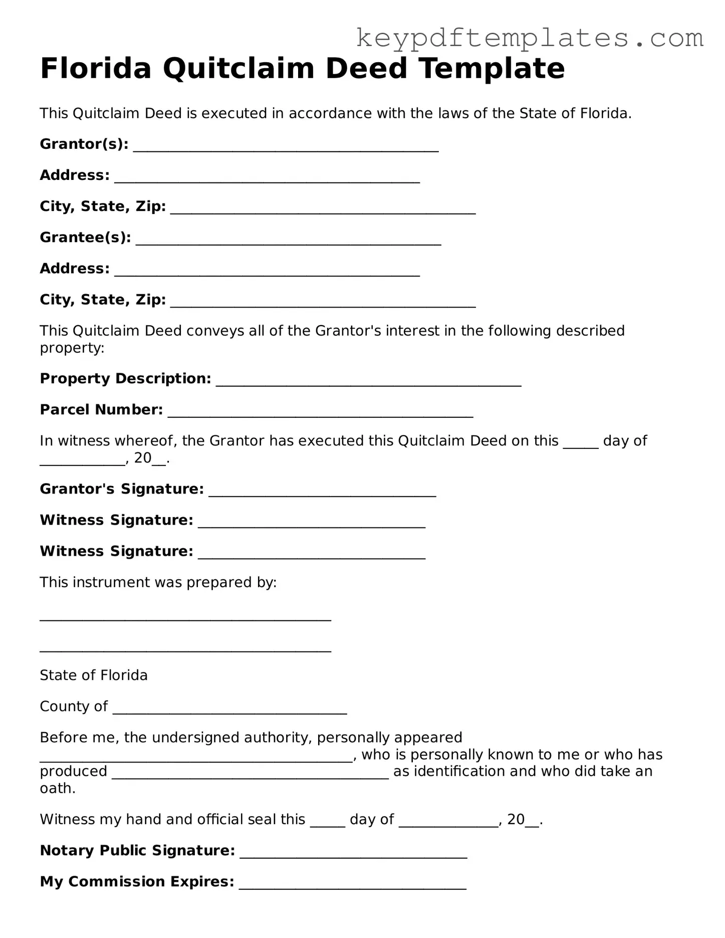 Legal Quitclaim Deed Document for the State of Florida