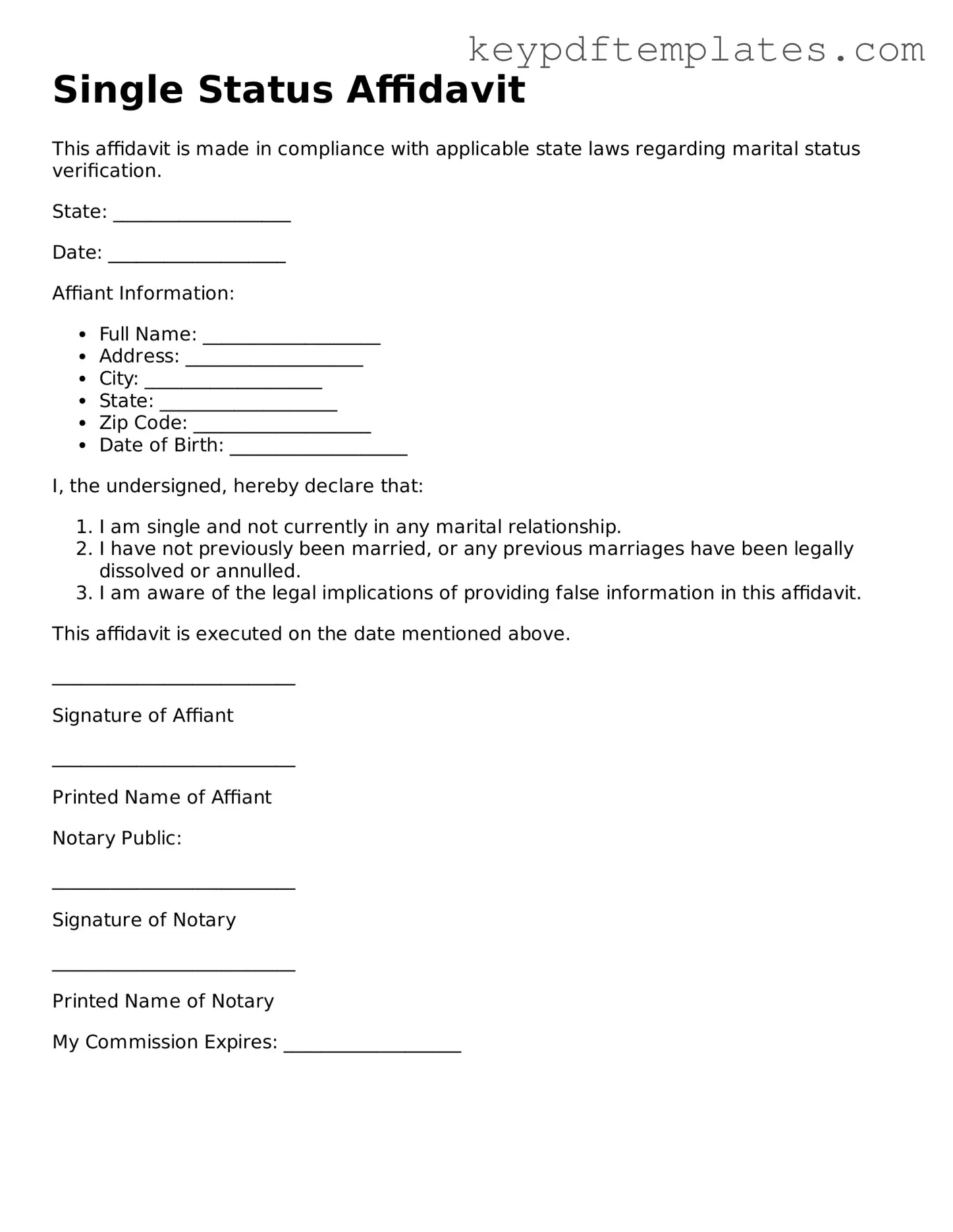 Printable Single Status Affidavit Template