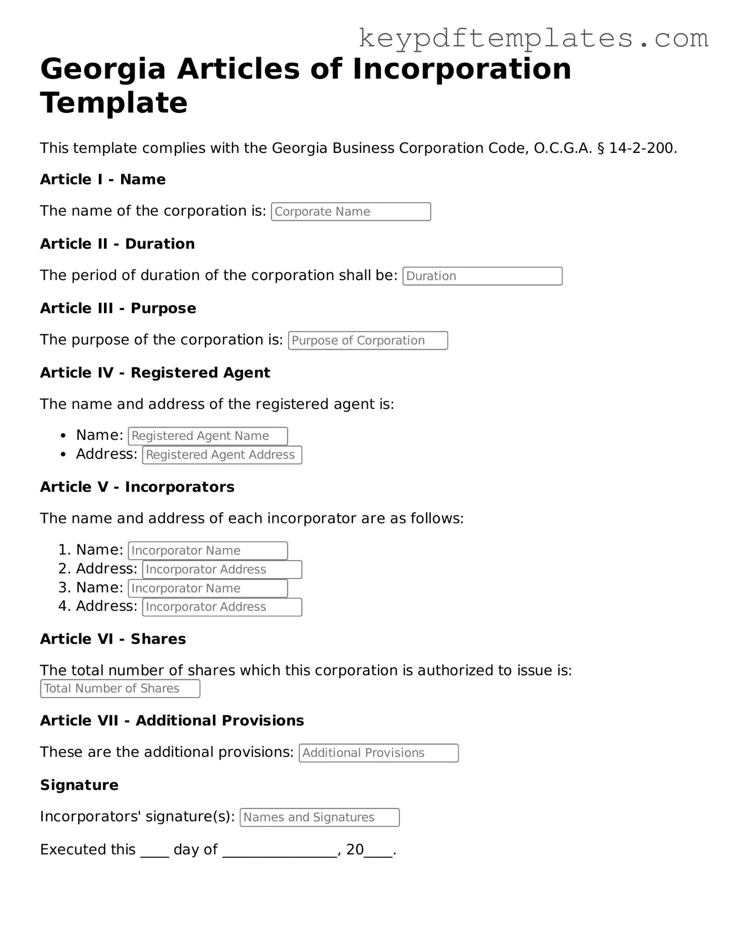Legal Articles of Incorporation Document for the State of Georgia