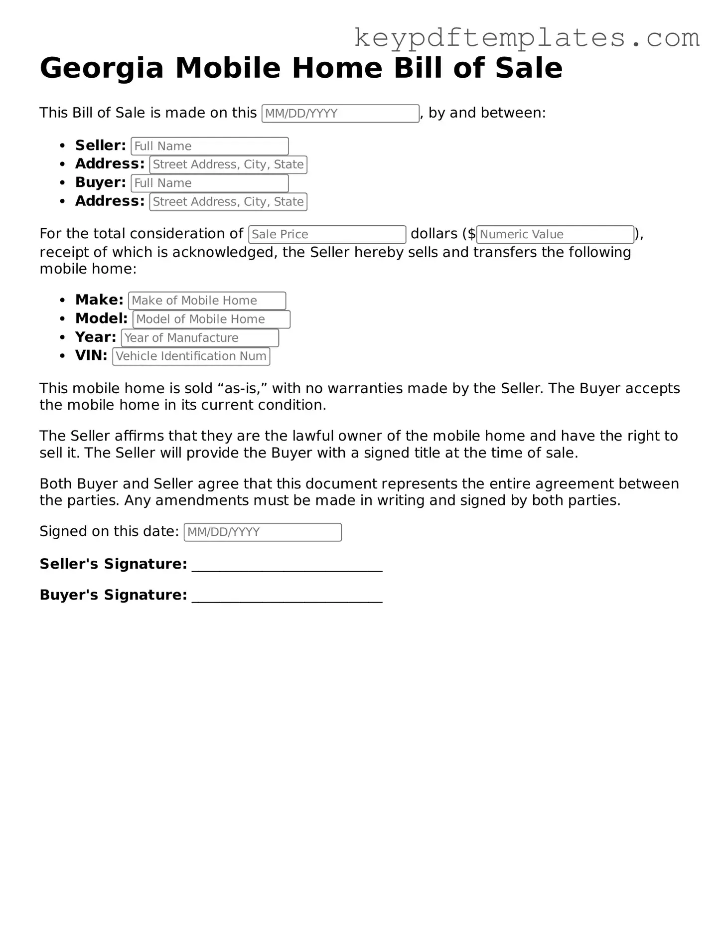 Legal Mobile Home Bill of Sale Document for the State of Georgia