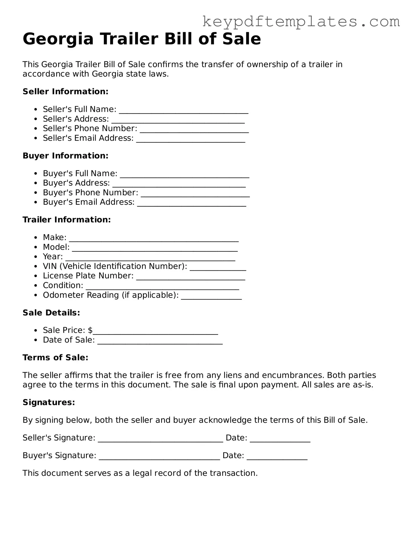 Legal Trailer Bill of Sale Document for the State of Georgia