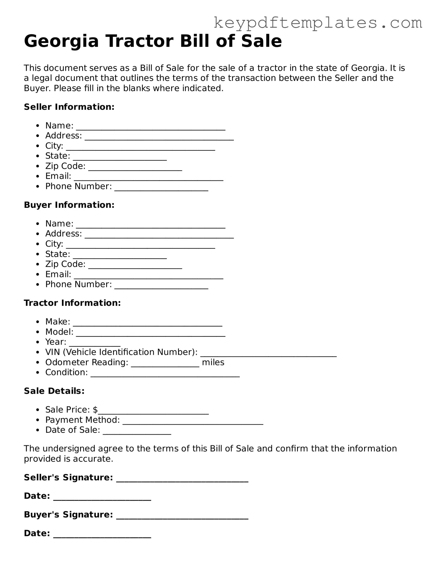 Legal Tractor Bill of Sale Document for the State of Georgia