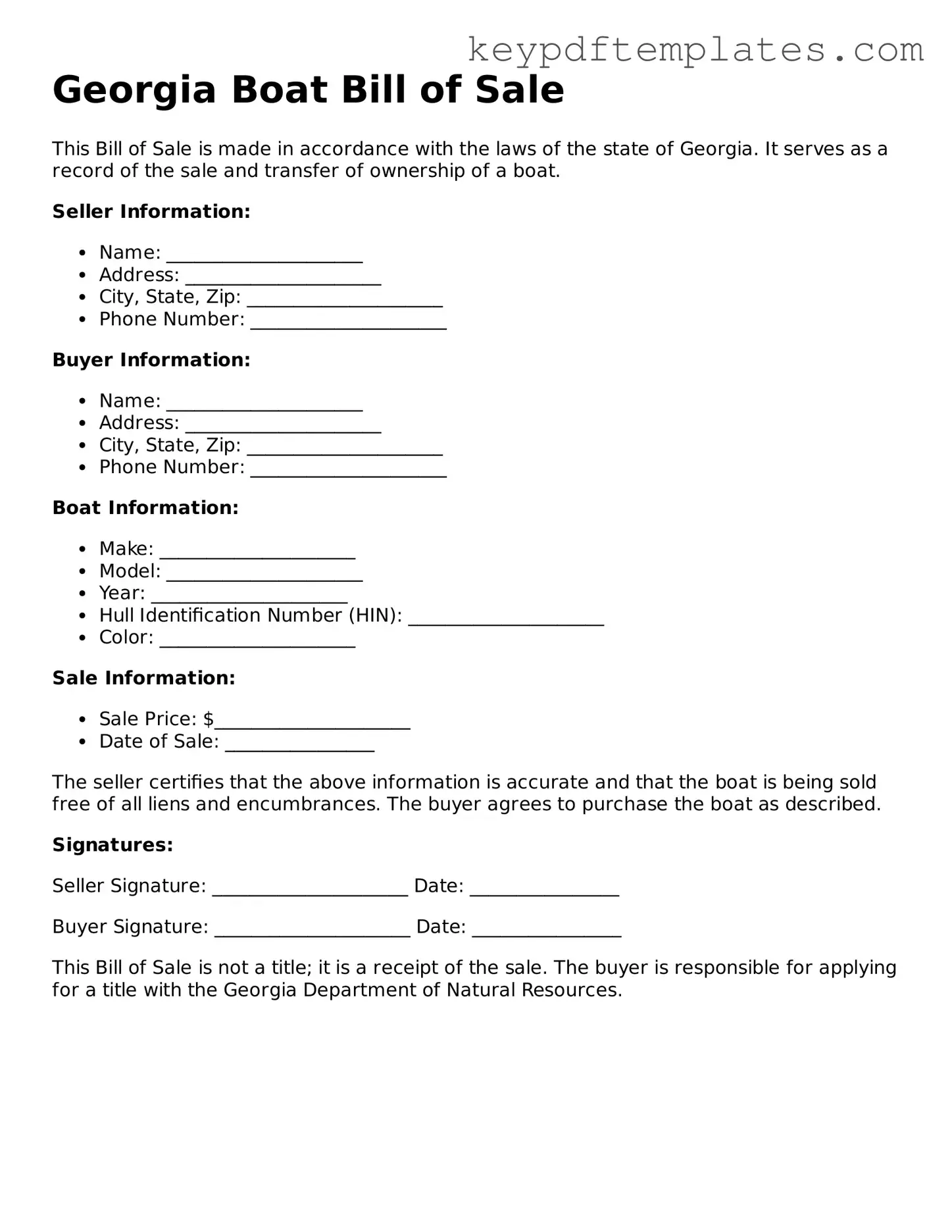 Legal Boat Bill of Sale Document for the State of Georgia