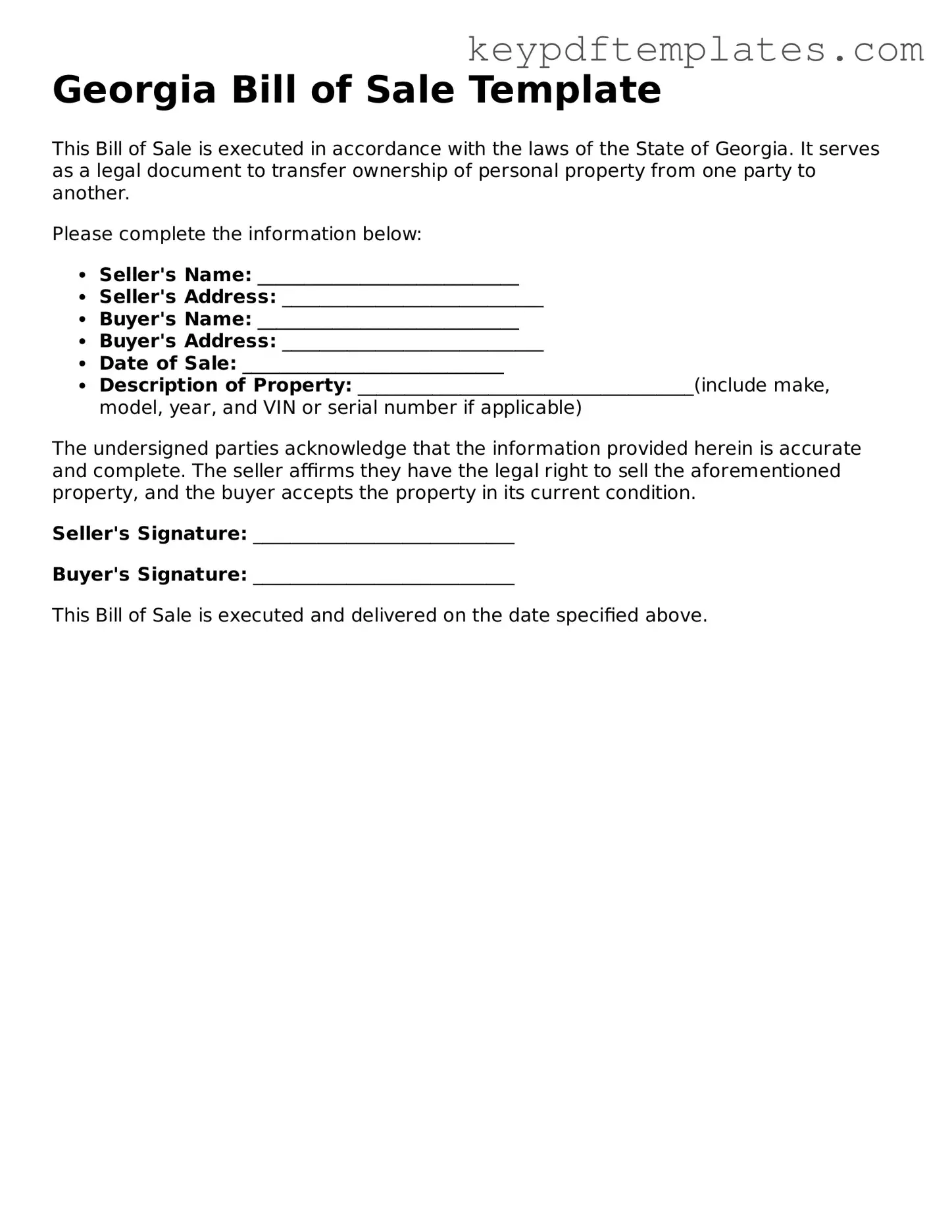 Legal Bill of Sale Document for the State of Georgia