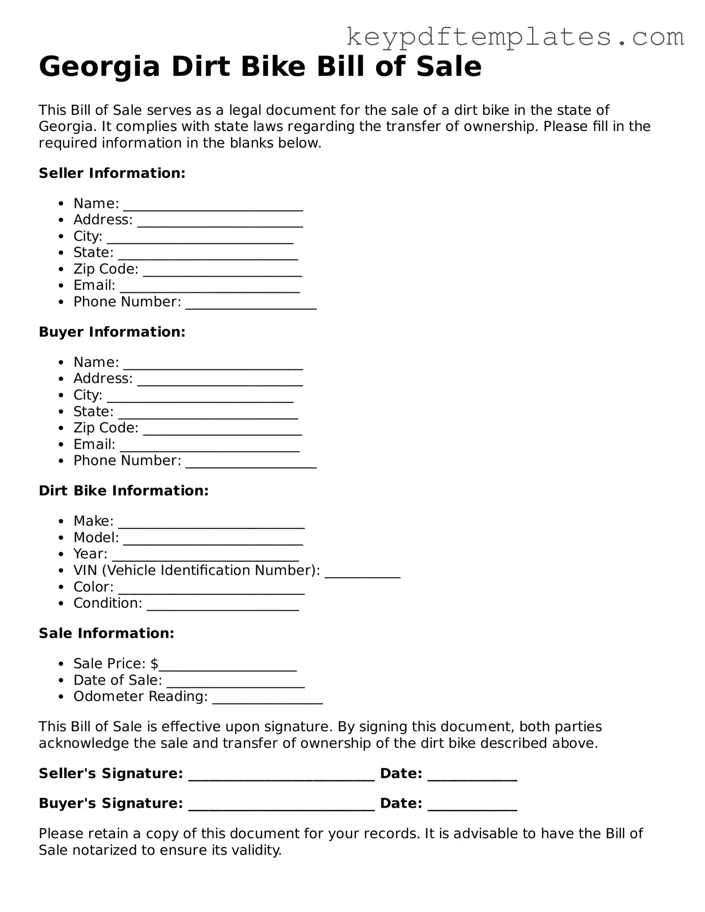 Legal Dirt Bike Bill of Sale Document for the State of Georgia