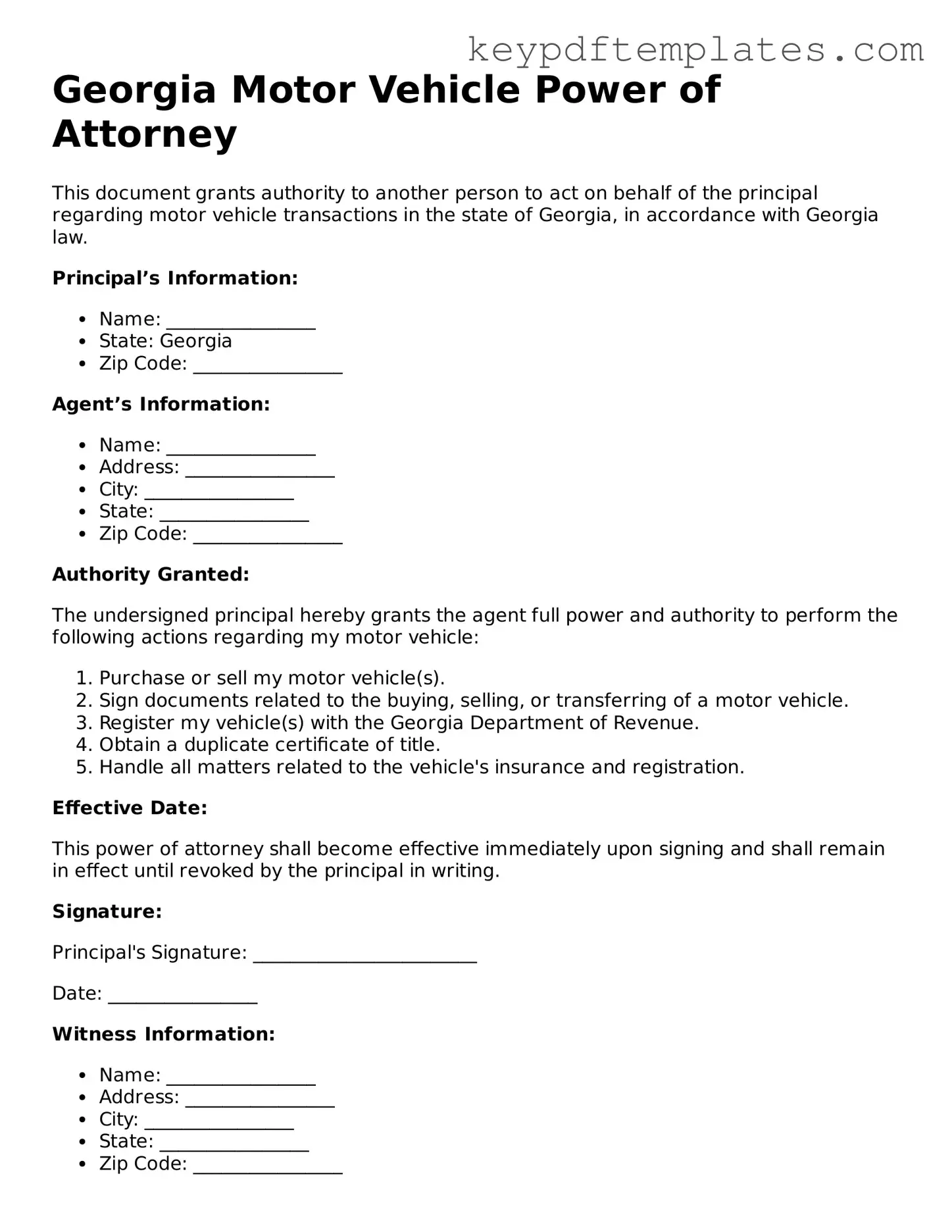 Legal Motor Vehicle Power of Attorney Document for the State of Georgia