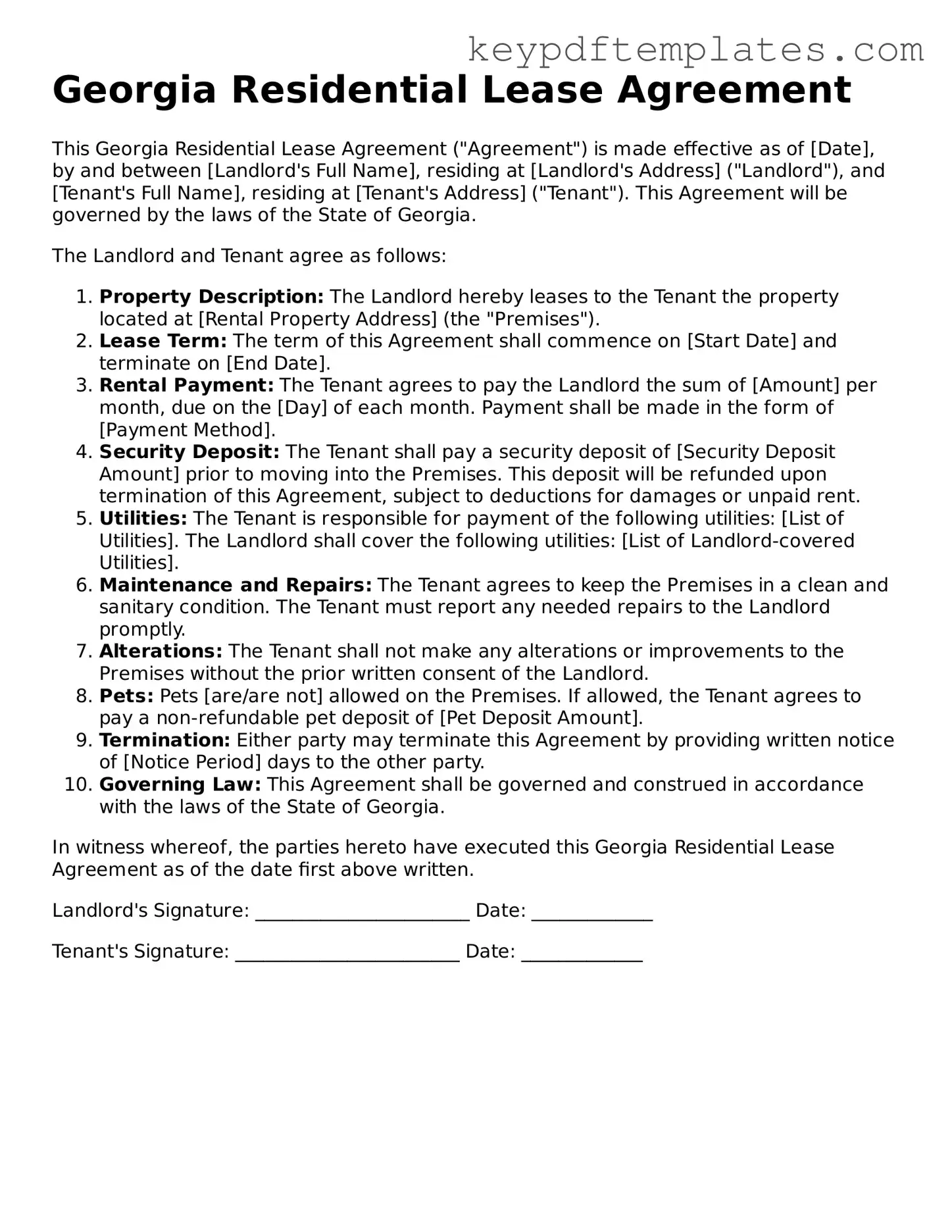 Legal Residential Lease Agreement Document for the State of Georgia