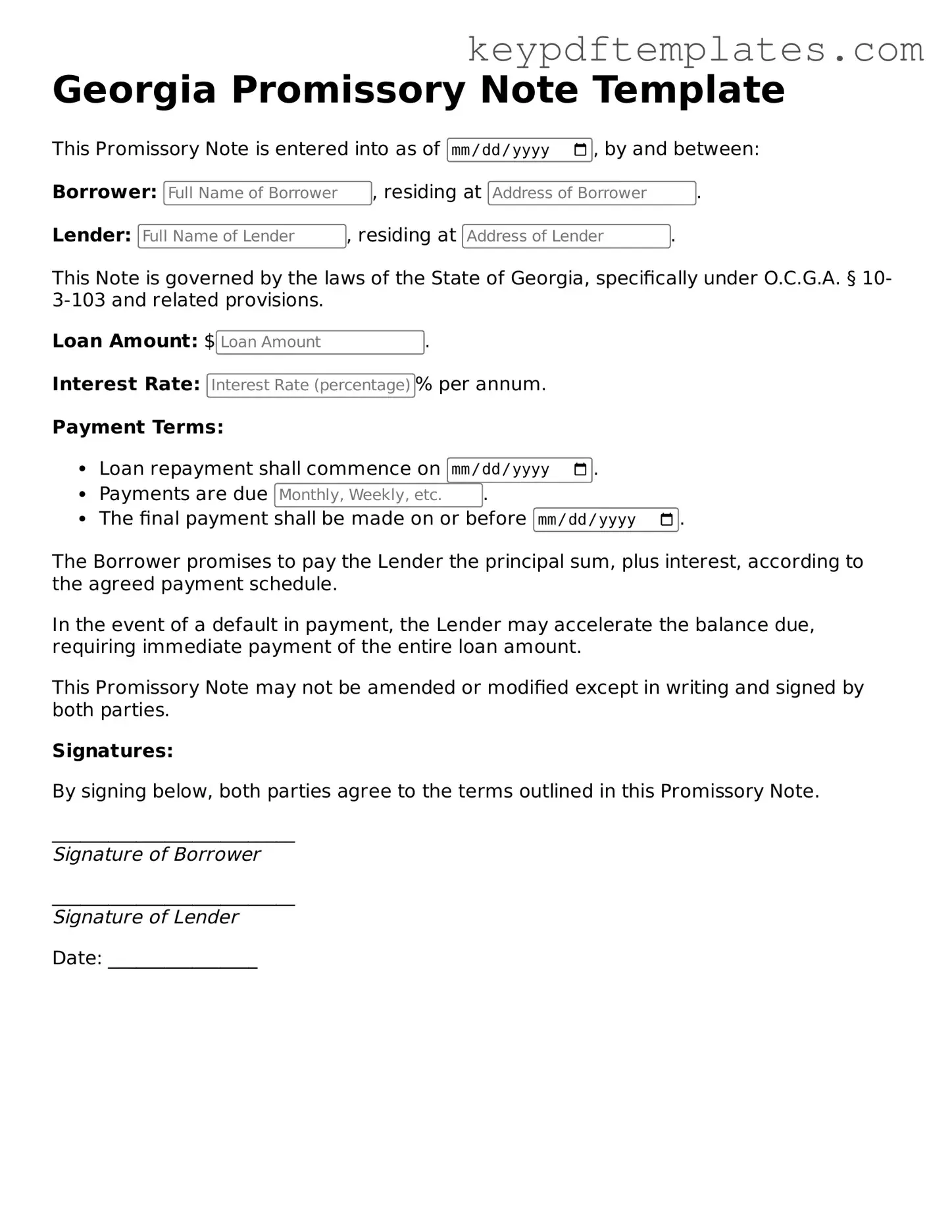 Legal Promissory Note Document for the State of Georgia