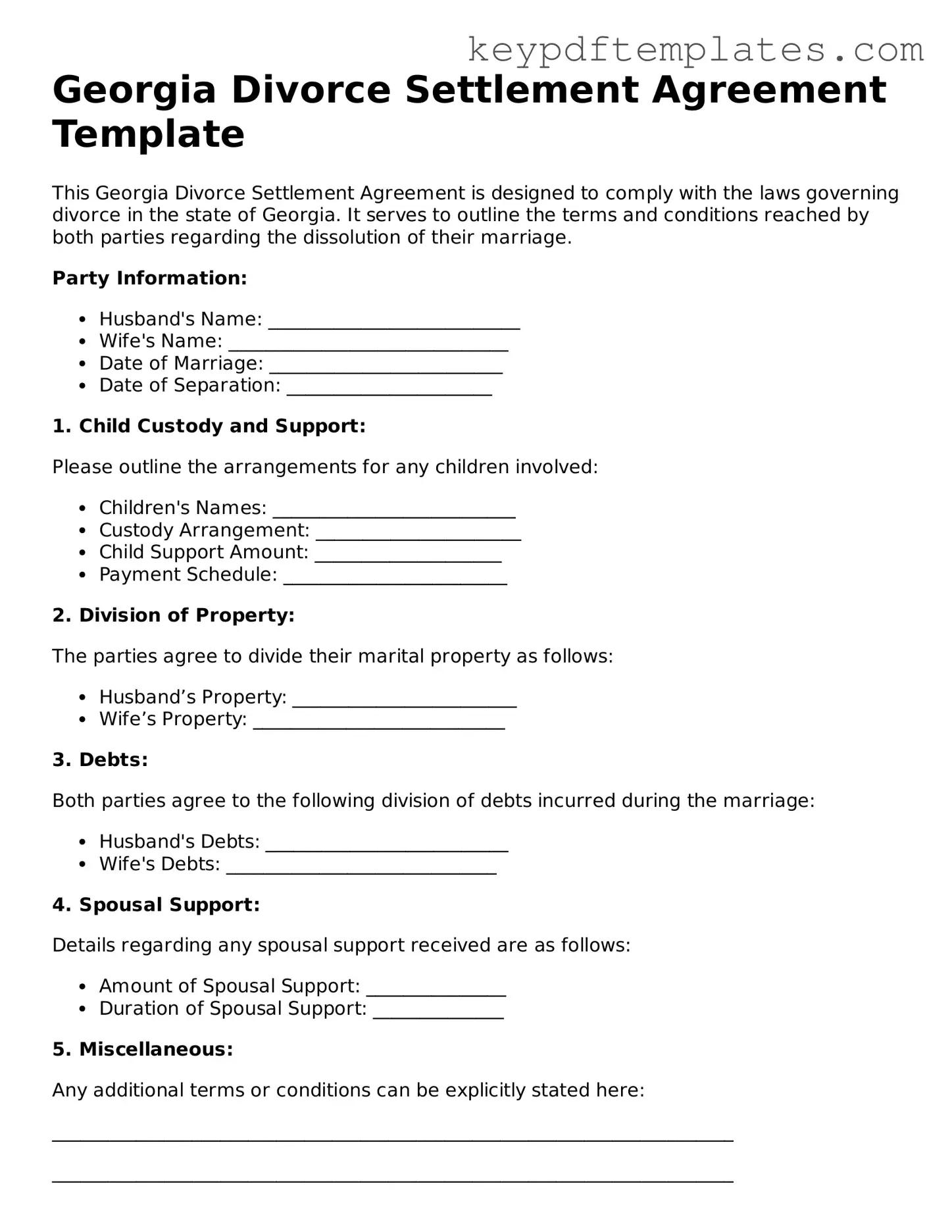 Legal Divorce Settlement Agreement Document for the State of Georgia