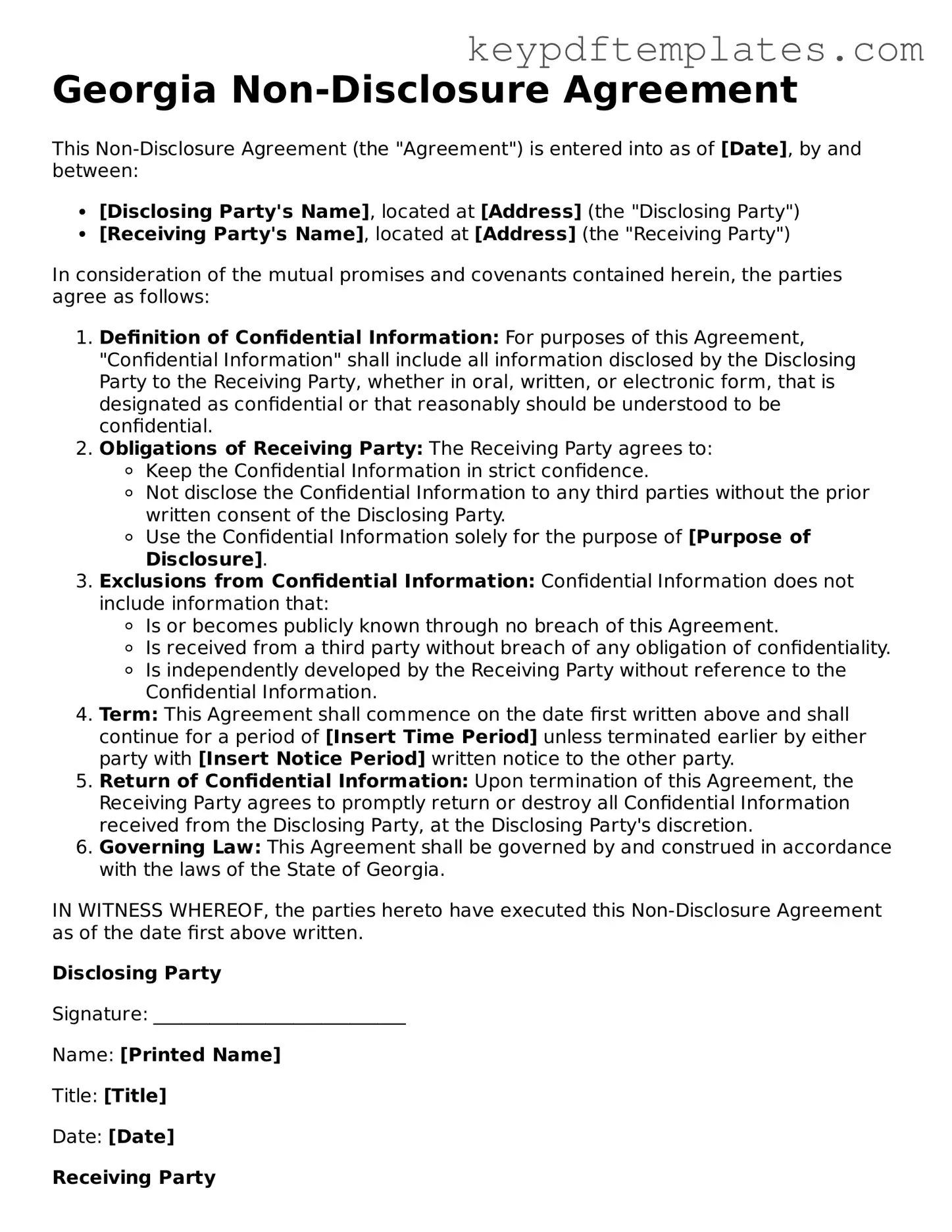 Legal Non-disclosure Agreement Document for the State of Georgia