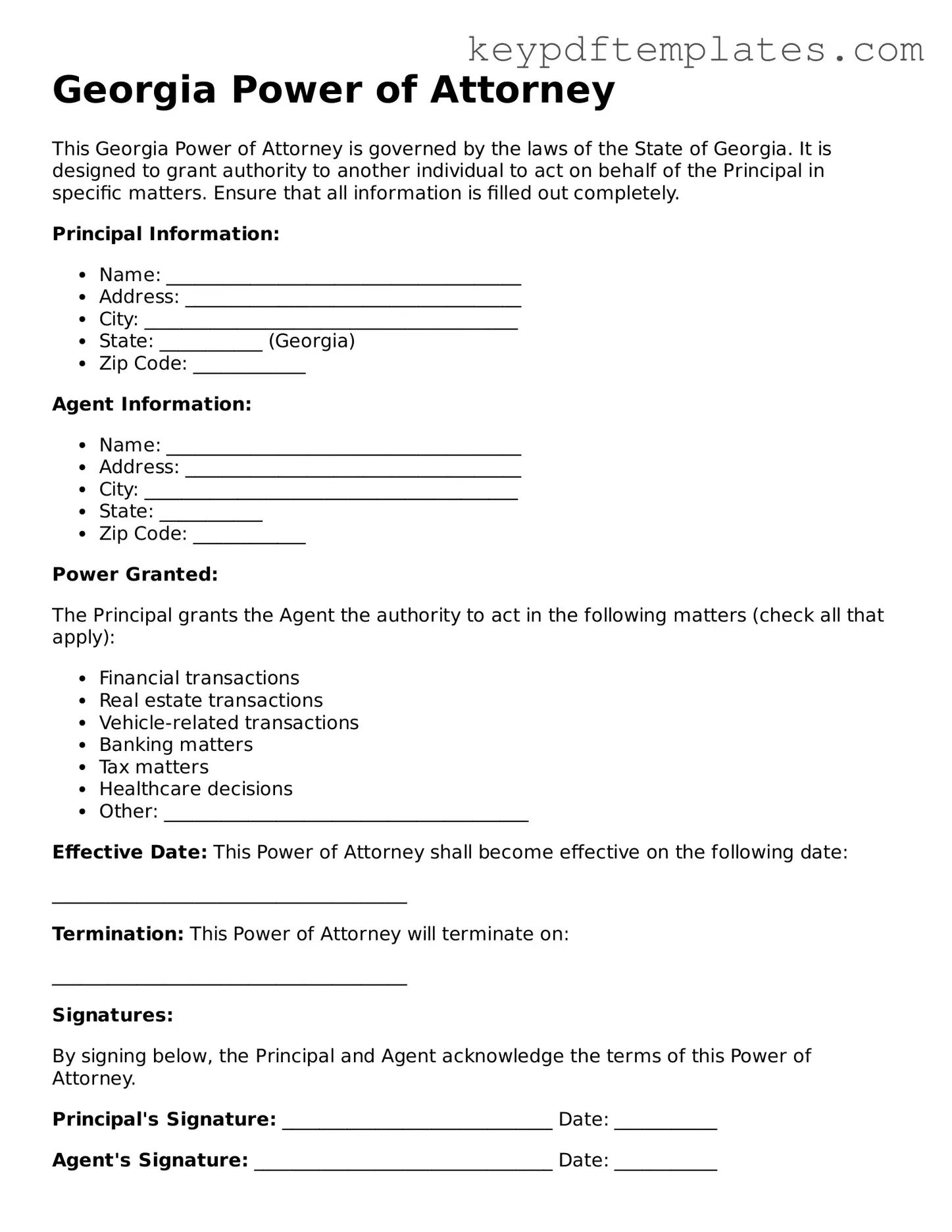 Legal Power of Attorney Document for the State of Georgia