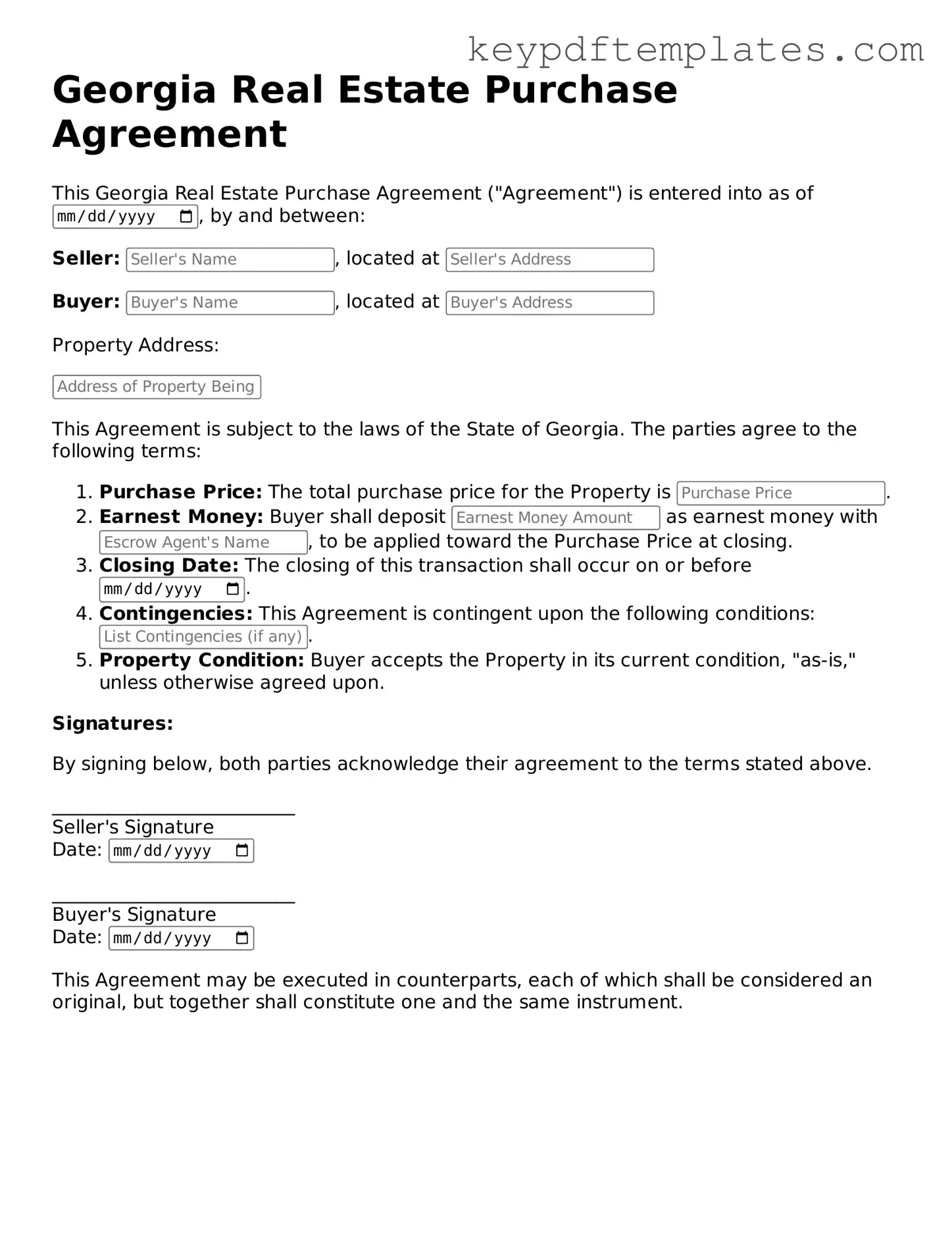Legal Real Estate Purchase Agreement Document for the State of Georgia