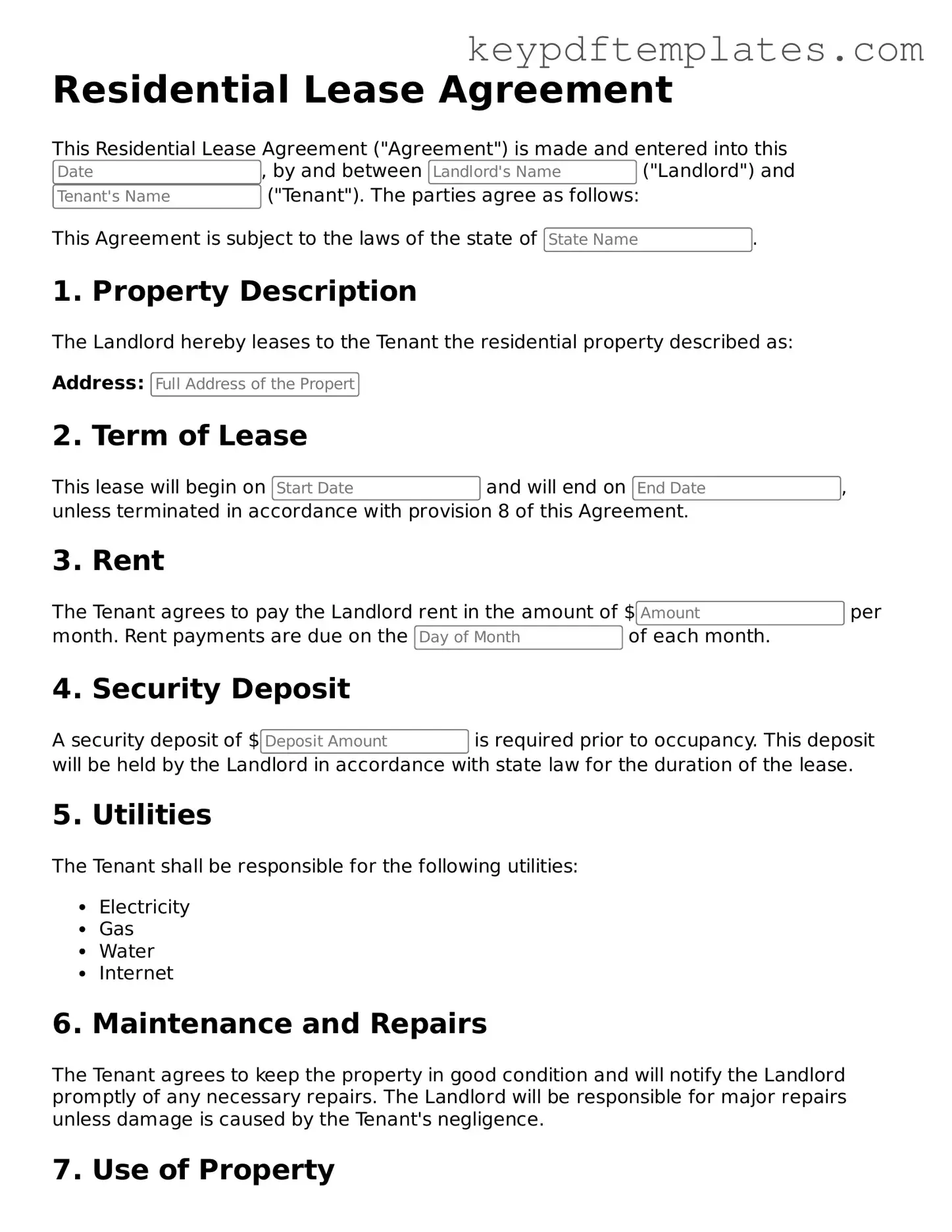 Printable Residential Lease Agreement Template