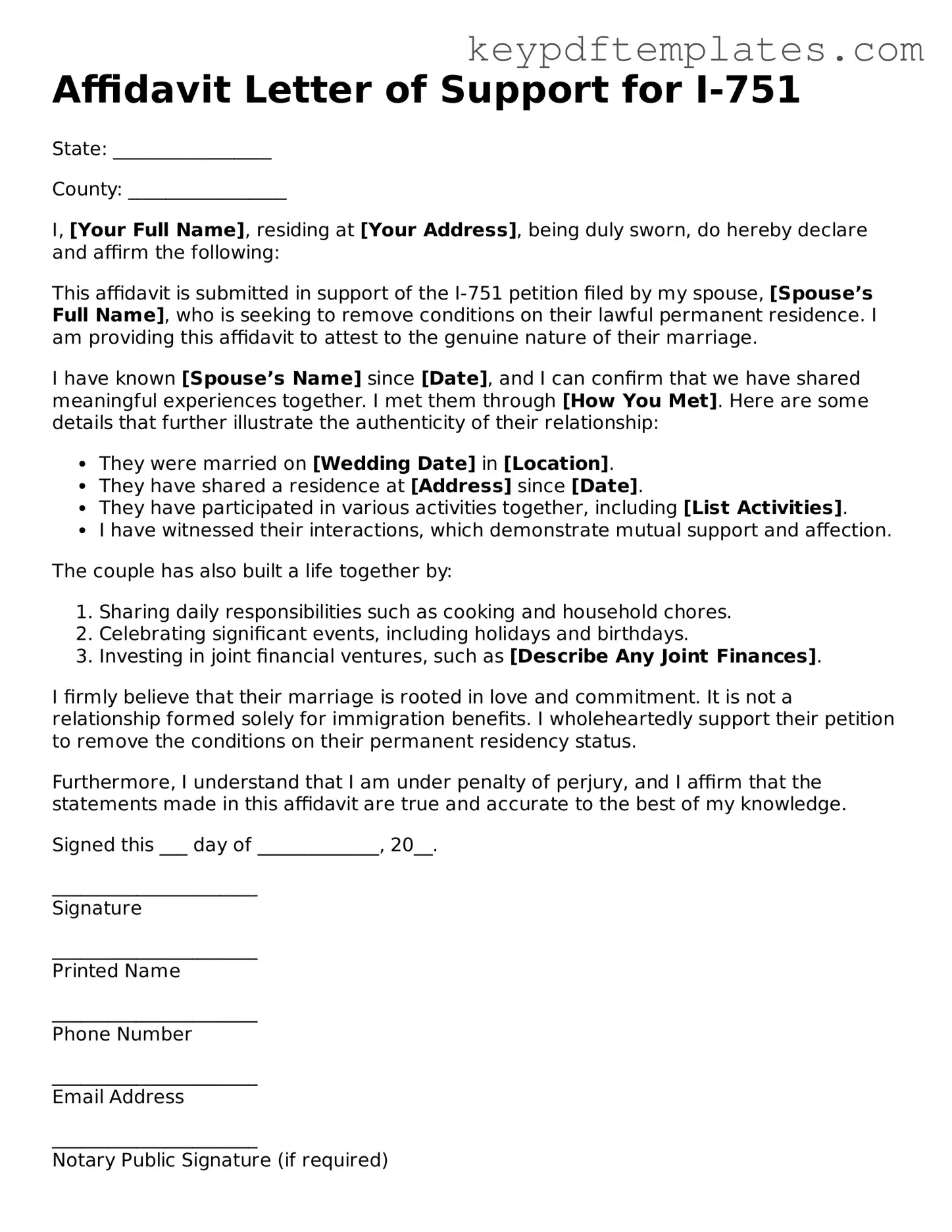 Printable Affidavit Letter of Support for I-751 Template