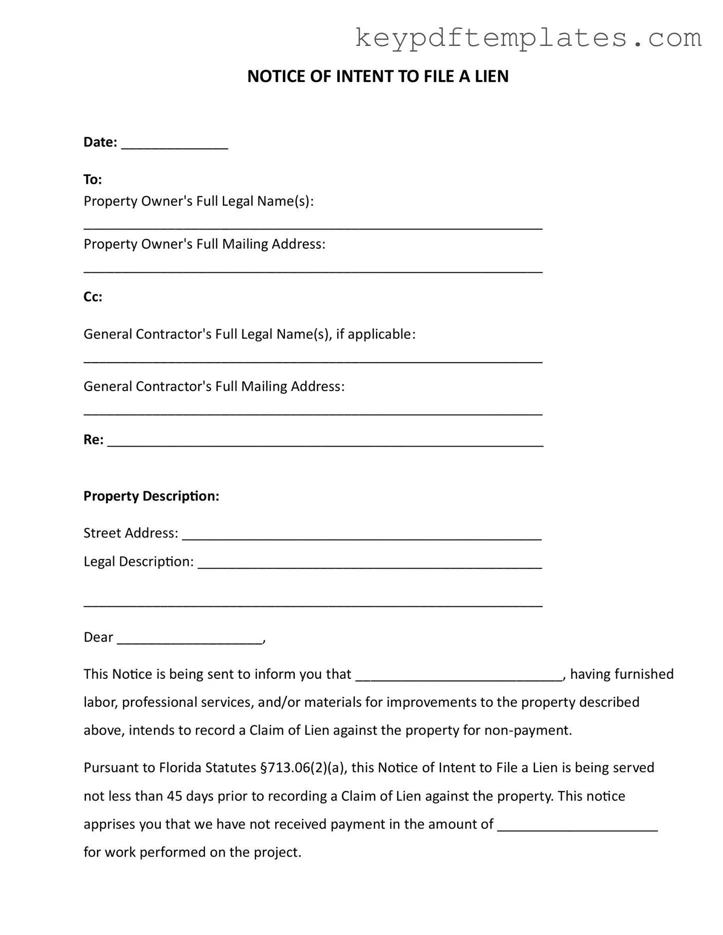 Get Intent To Lien Florida Form