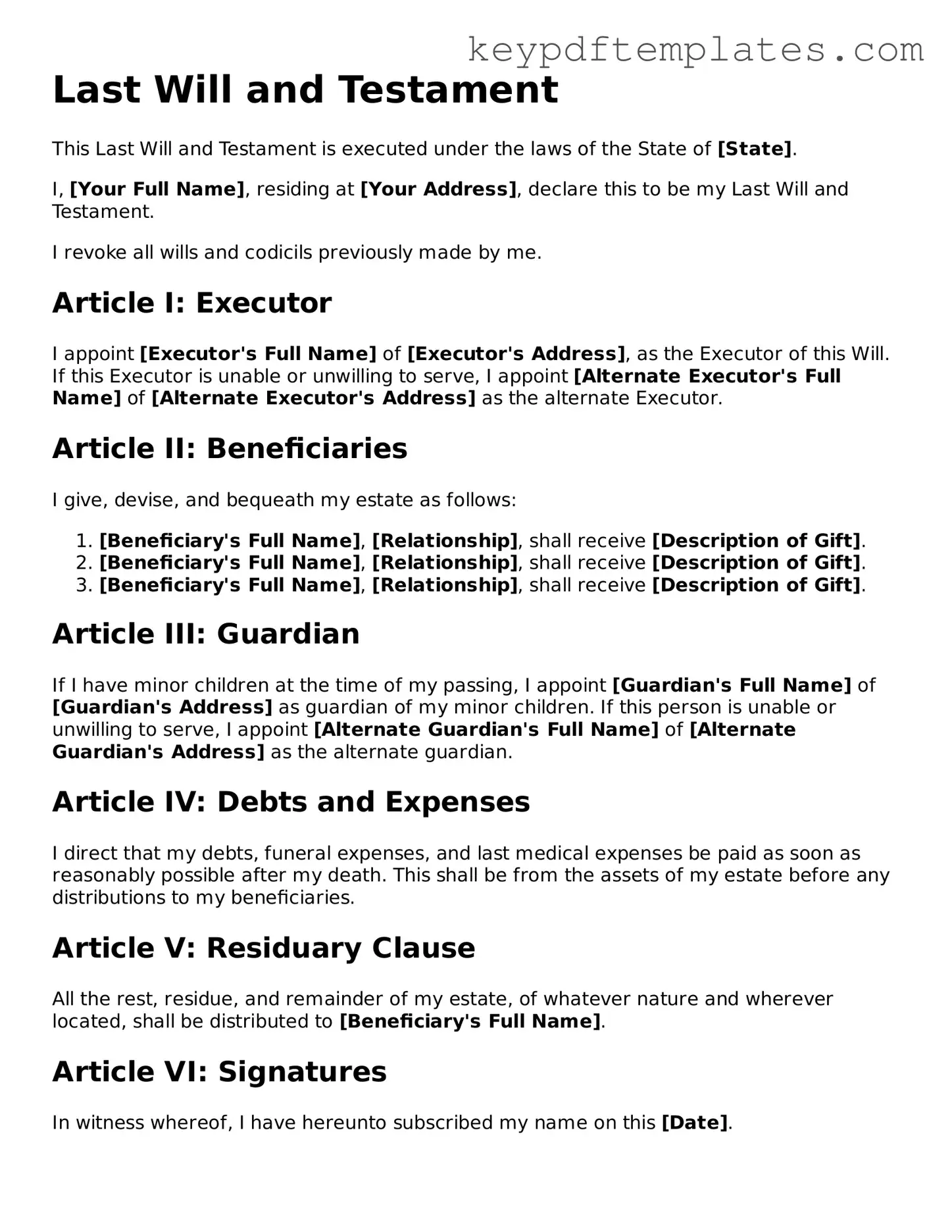 Printable Last Will and Testament Template