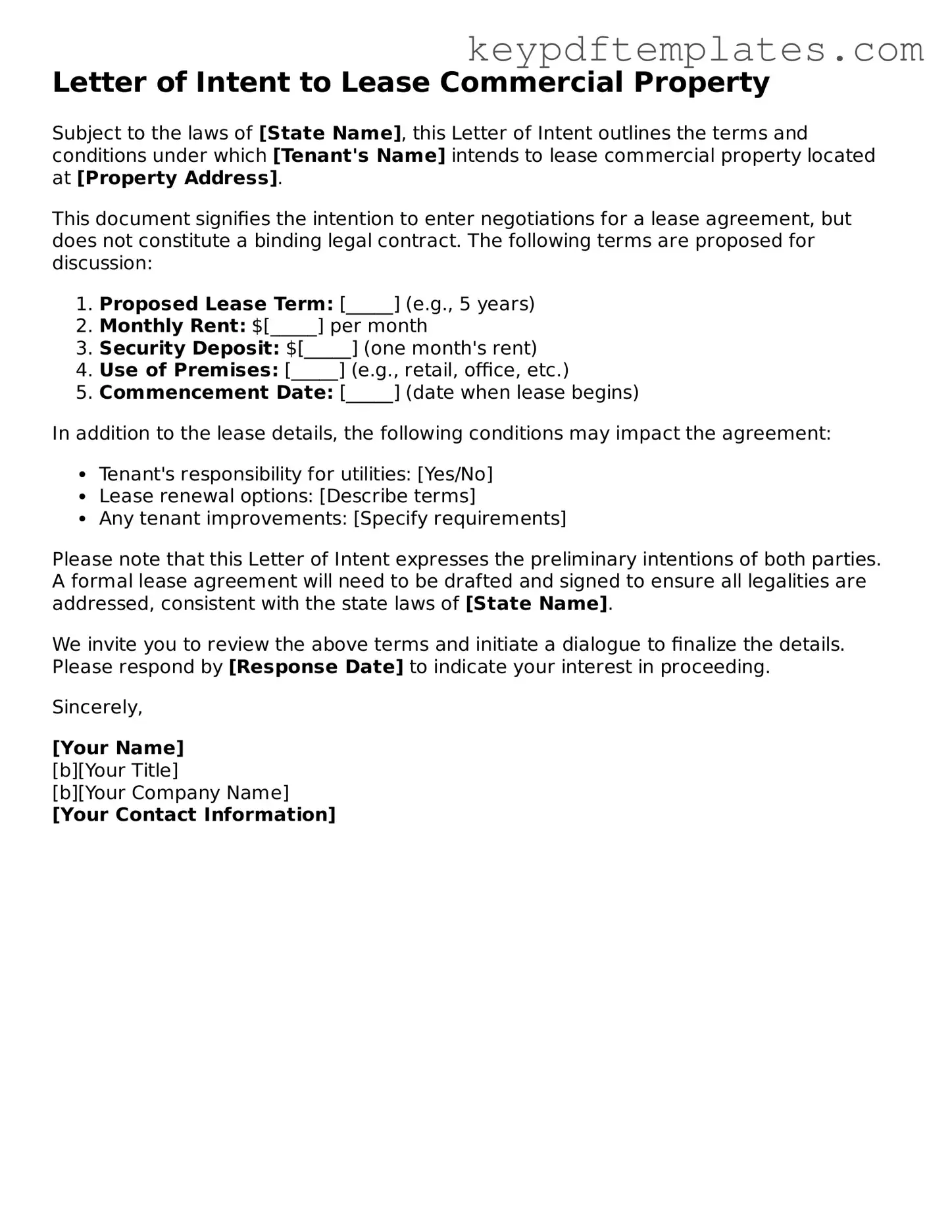 Printable Letter of Intent to Lease Commercial Property Template