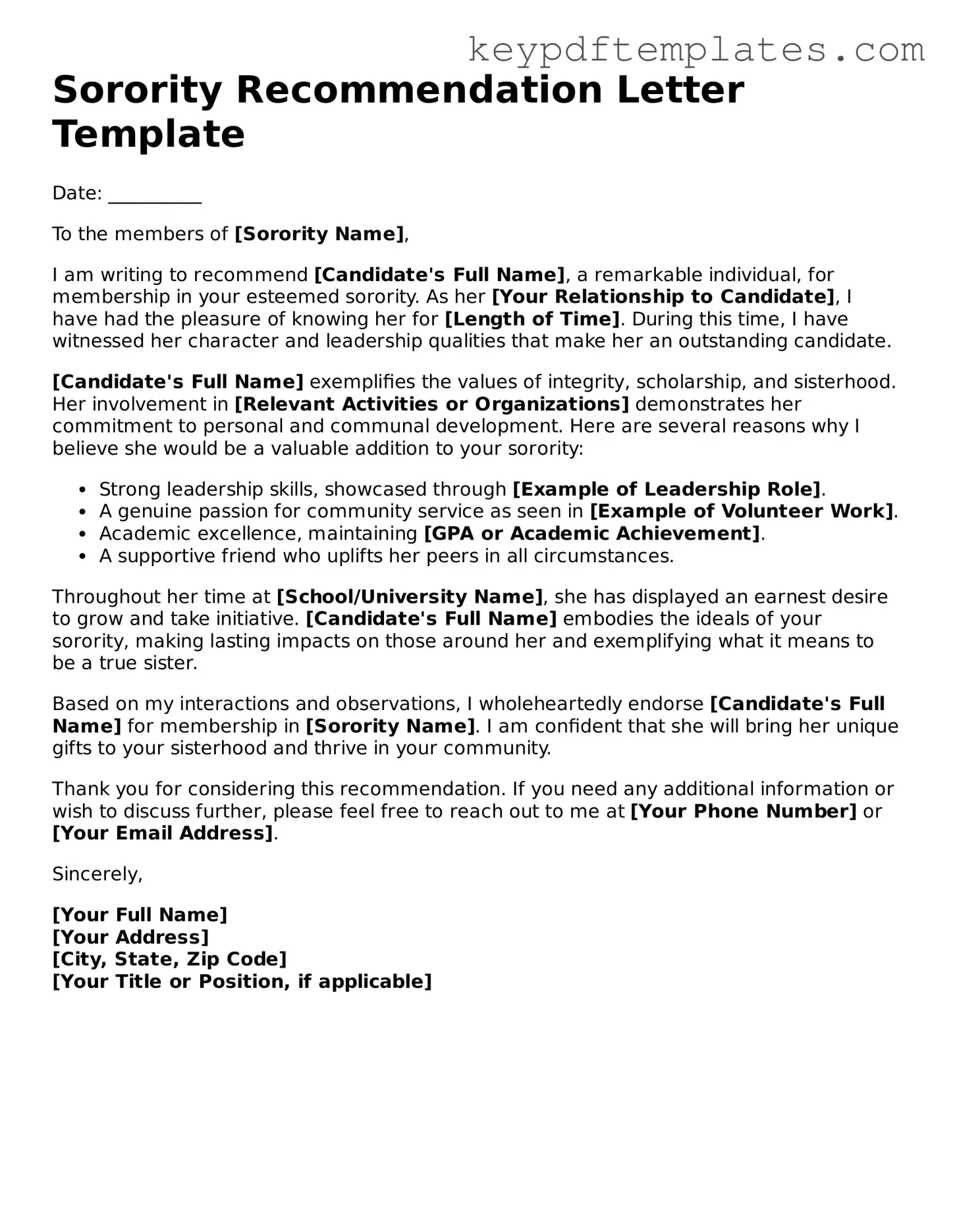 Printable Sorority Recommendation Letter Template