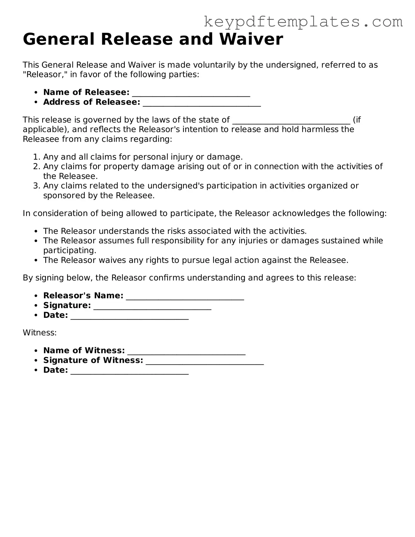 Printable Release of Liability Template