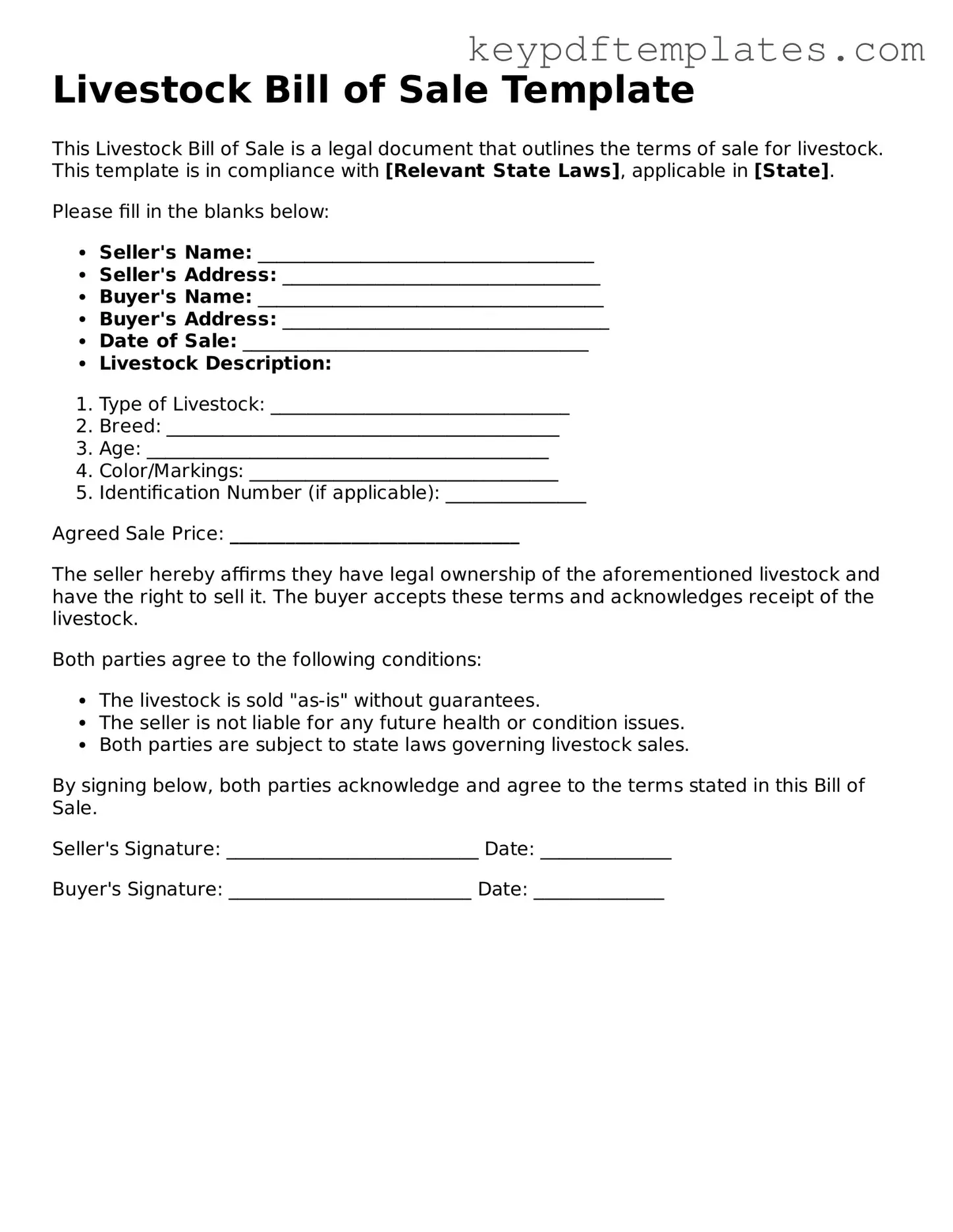 Printable Livestock Bill of Sale Template