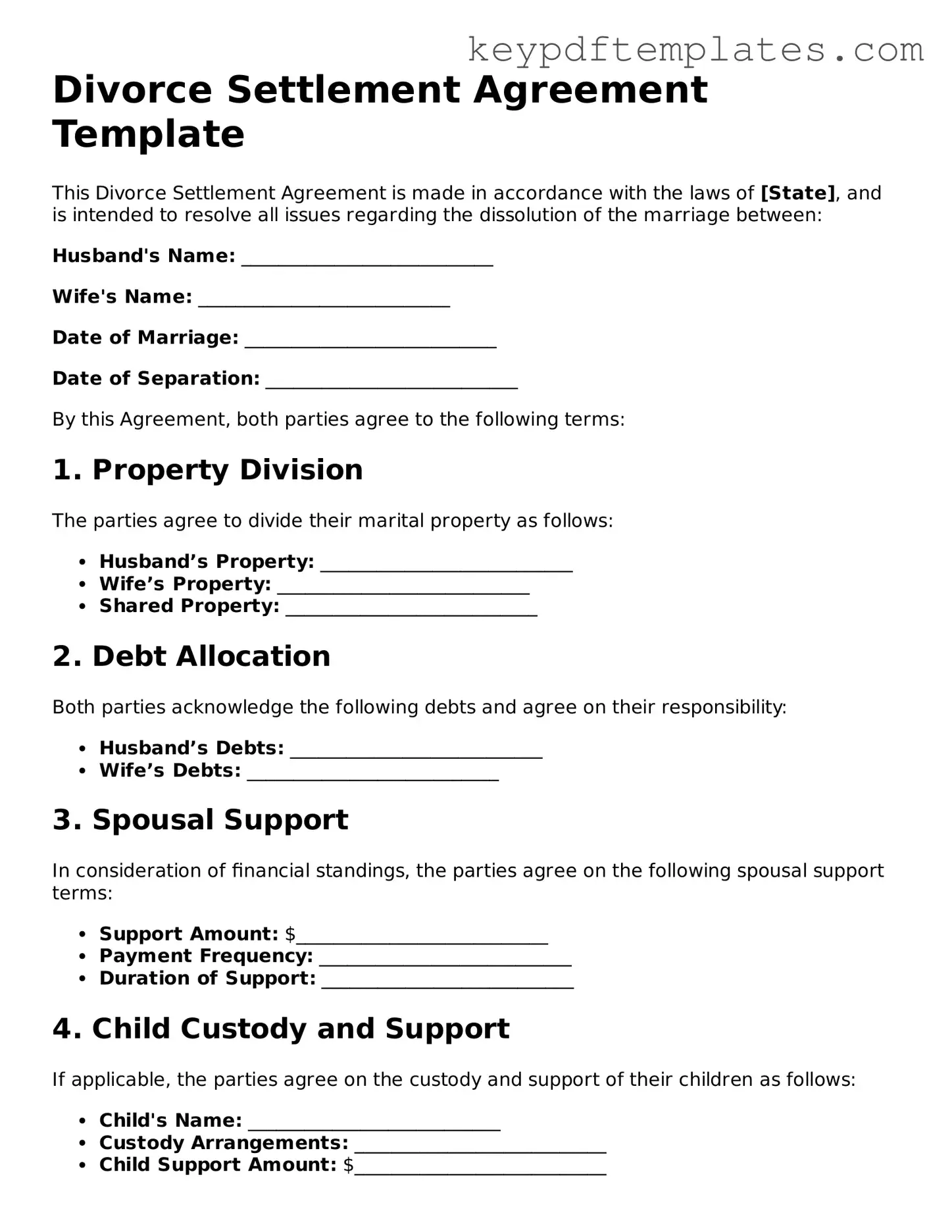 Printable Divorce Settlement Agreement Template