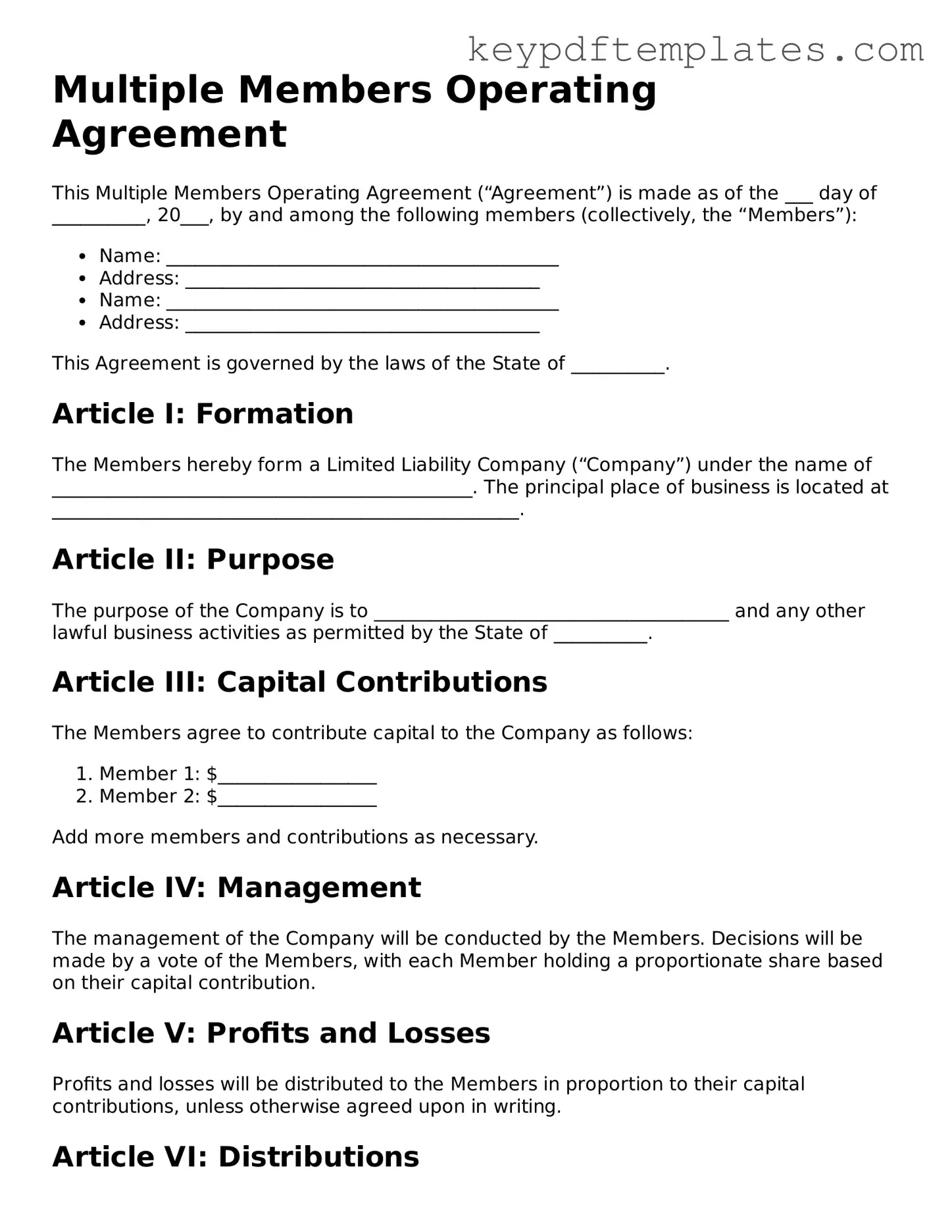 Printable Multiple Members Operating Agreement Template