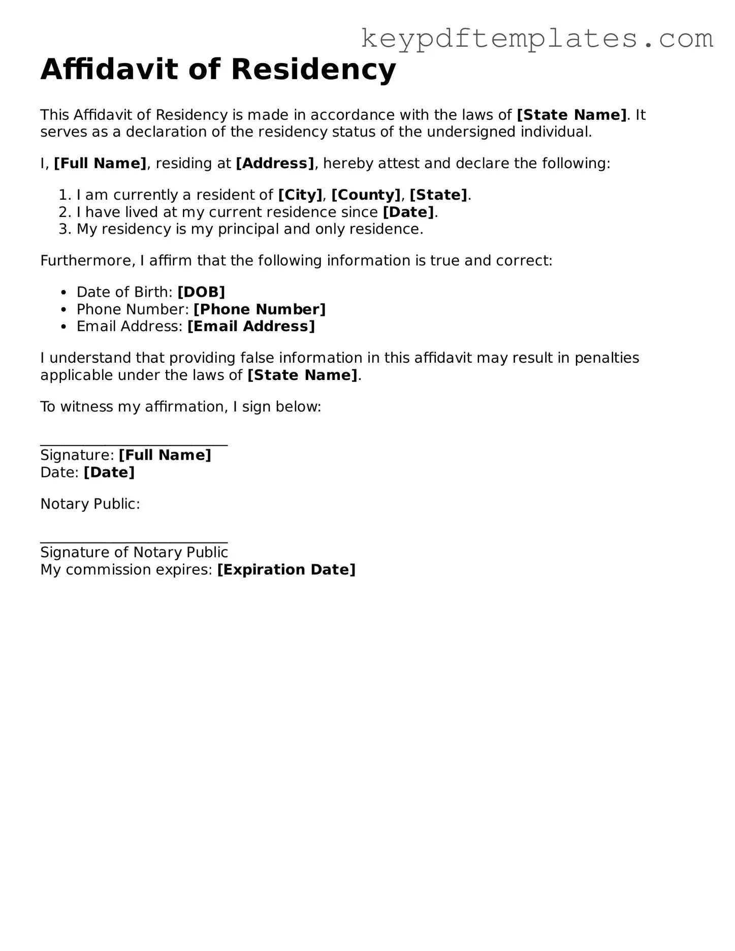 Printable Affidavit of Residency Template