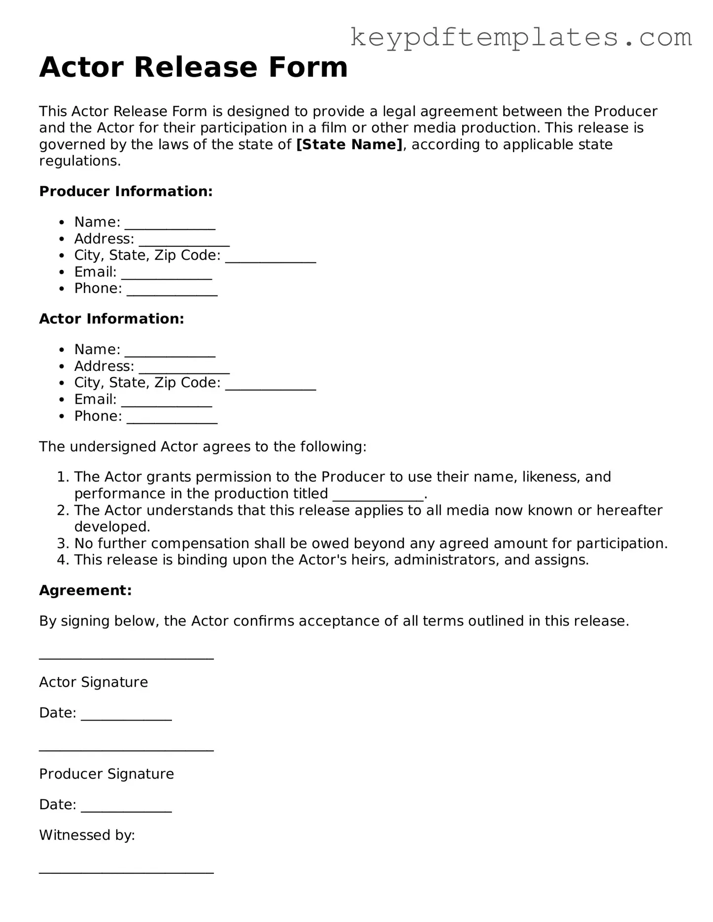 Printable Actor Release Template