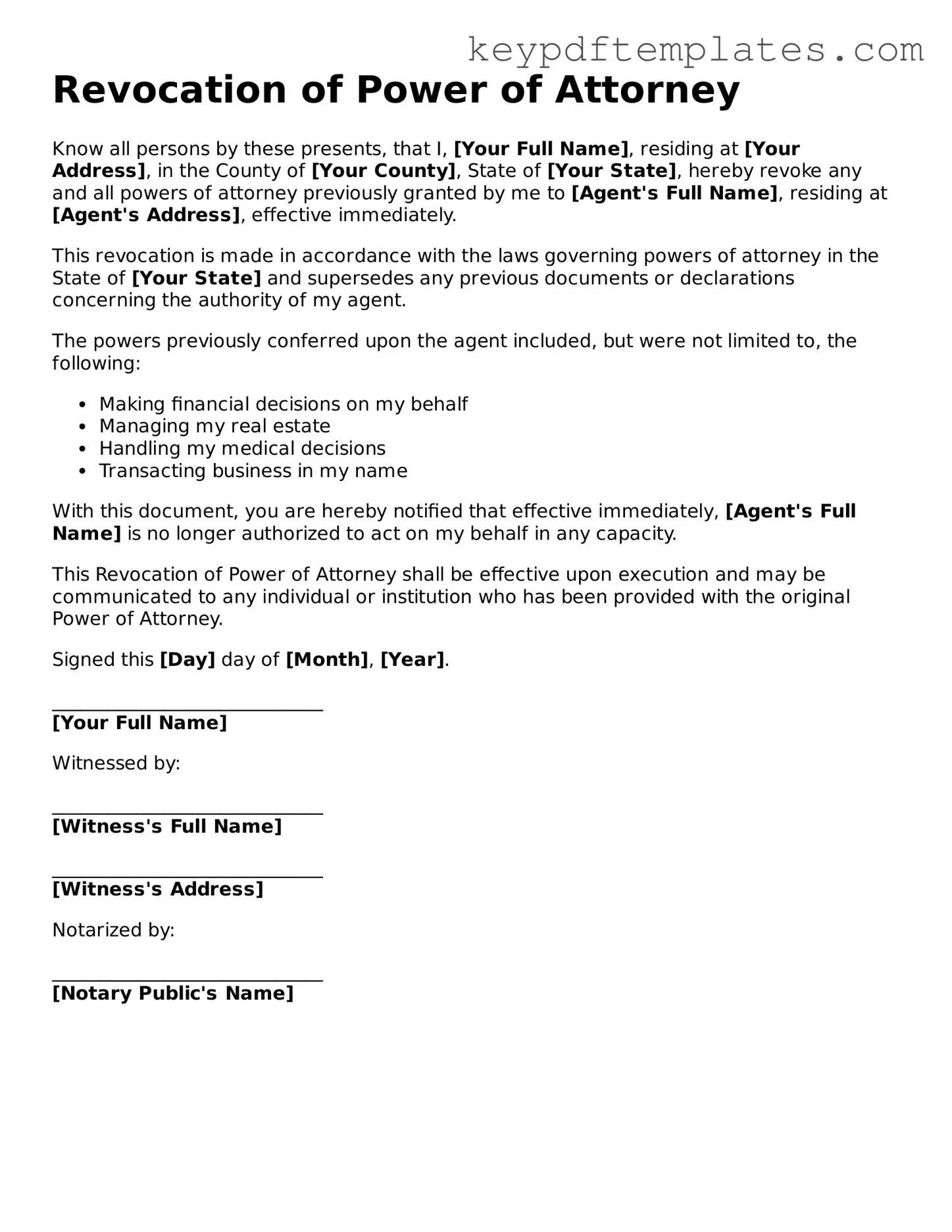 Printable Revocation of Power of Attorney Template