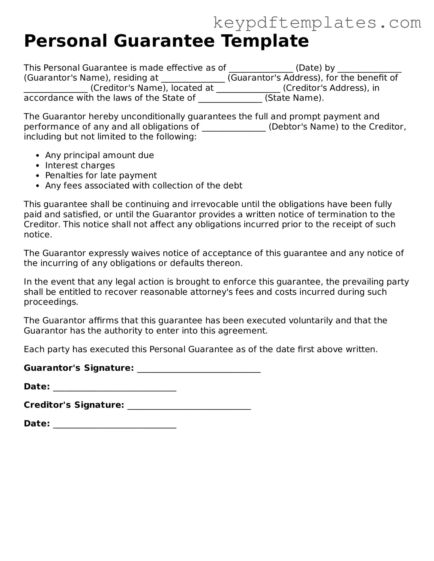 Printable Personal Guarantee Template