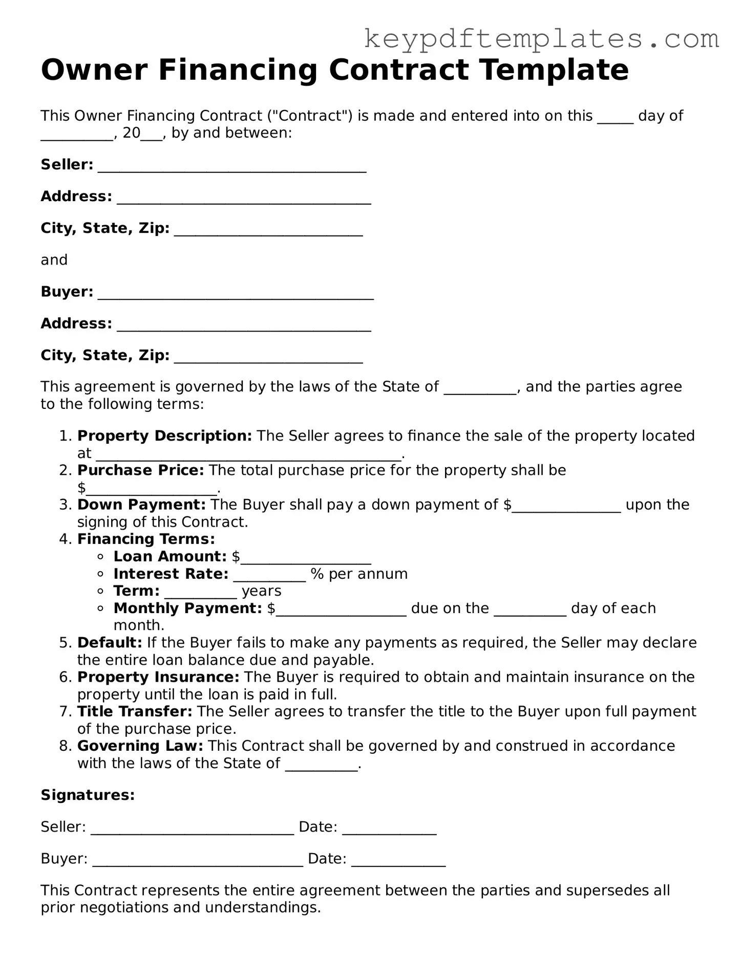 Printable Owner Financing Contract Template